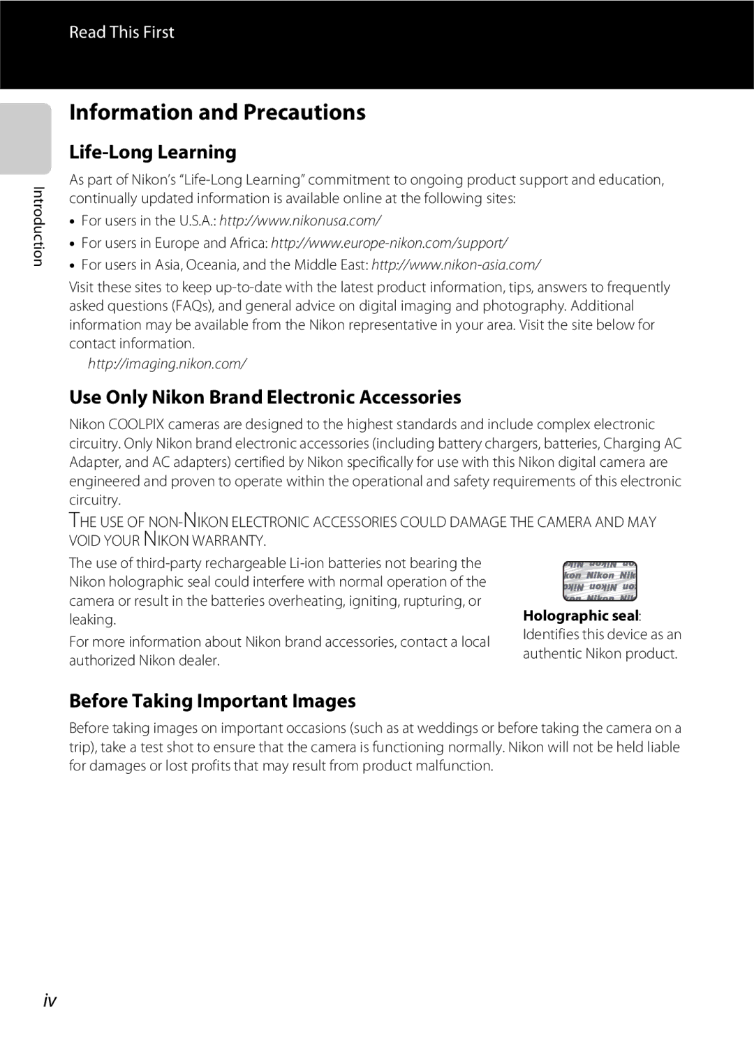 Nikon S2600 manual Information and Precautions, Life-Long Learning, Use Only Nikon Brand Electronic Accessories 