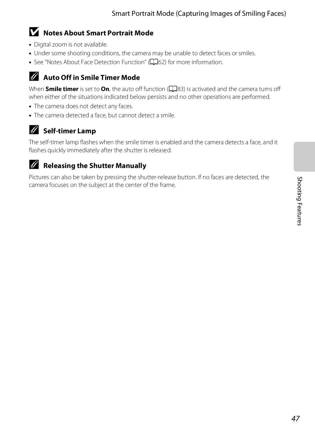 Nikon S2600 manual Smart Portrait Mode Capturing Images of Smiling Faces, Auto Off in Smile Timer Mode, Self-timer Lamp 