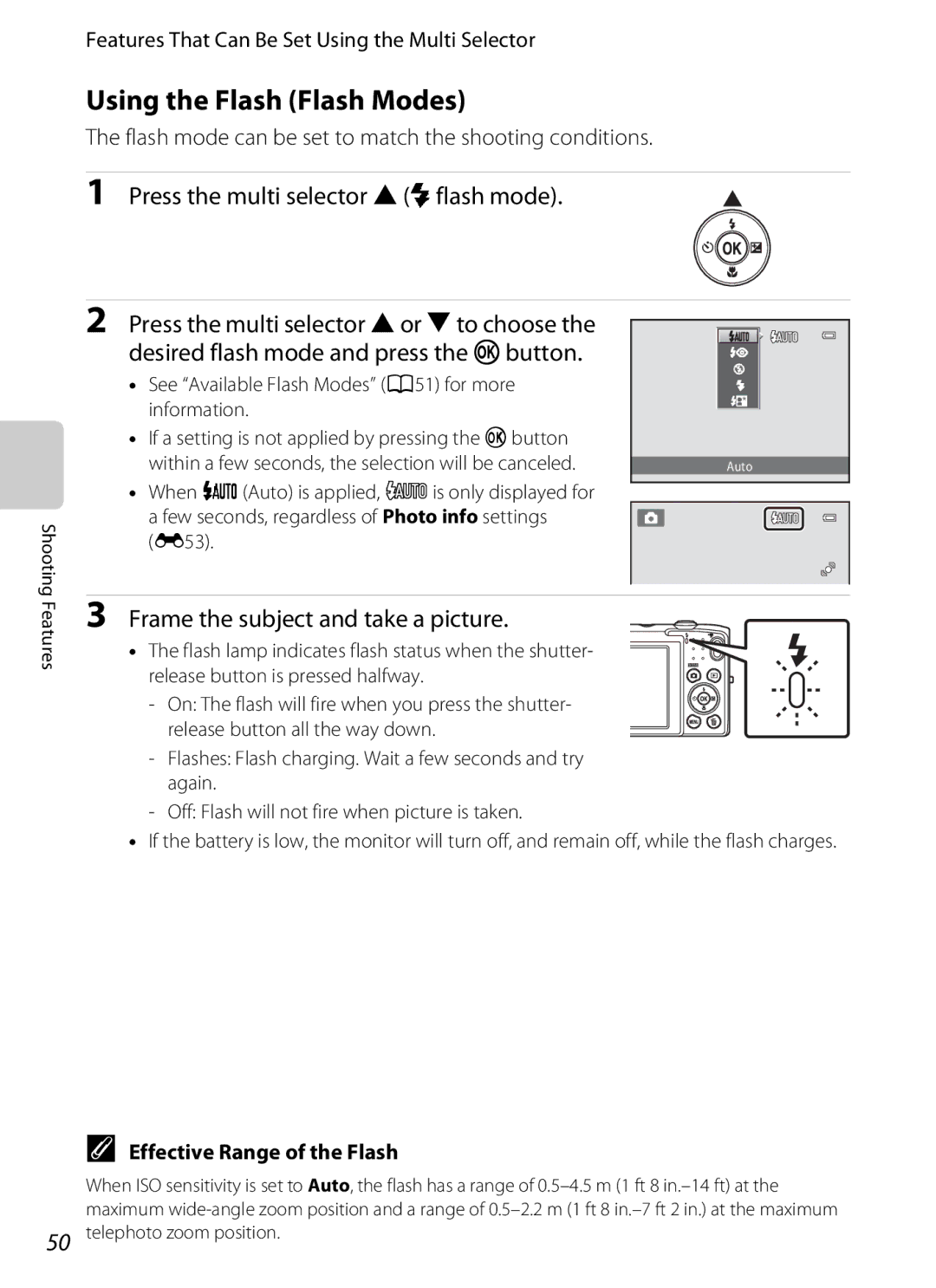 Nikon S2600 manual Using the Flash Flash Modes, Press the multi selector Hmflash mode, Frame the subject and take a picture 