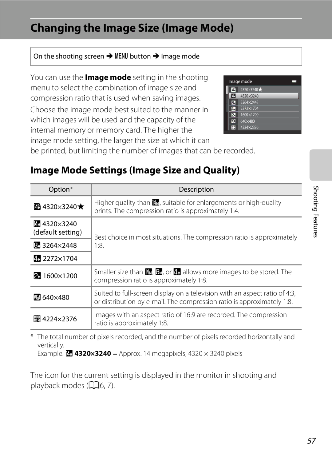 Nikon S2600 manual Changing the Image Size Image Mode, Image Mode Settings Image Size and Quality 