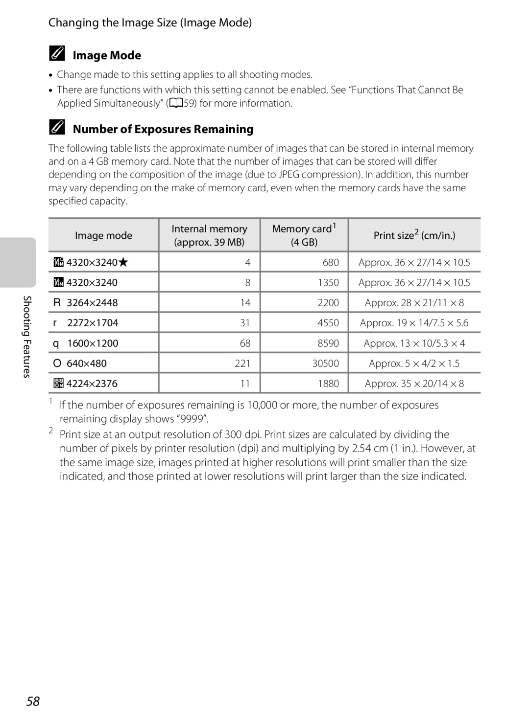 Nikon S2600 manual Changing the Image Size Image Mode, Number of Exposures Remaining 