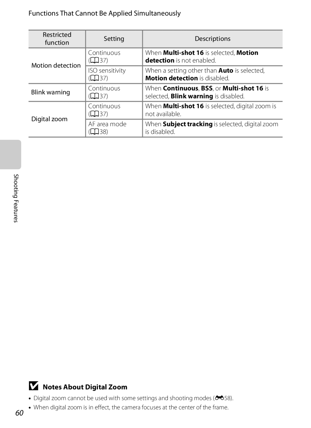 Nikon S2600 manual Functions That Cannot Be Applied Simultaneously, When Multi-shot 16 is selected, Motion 