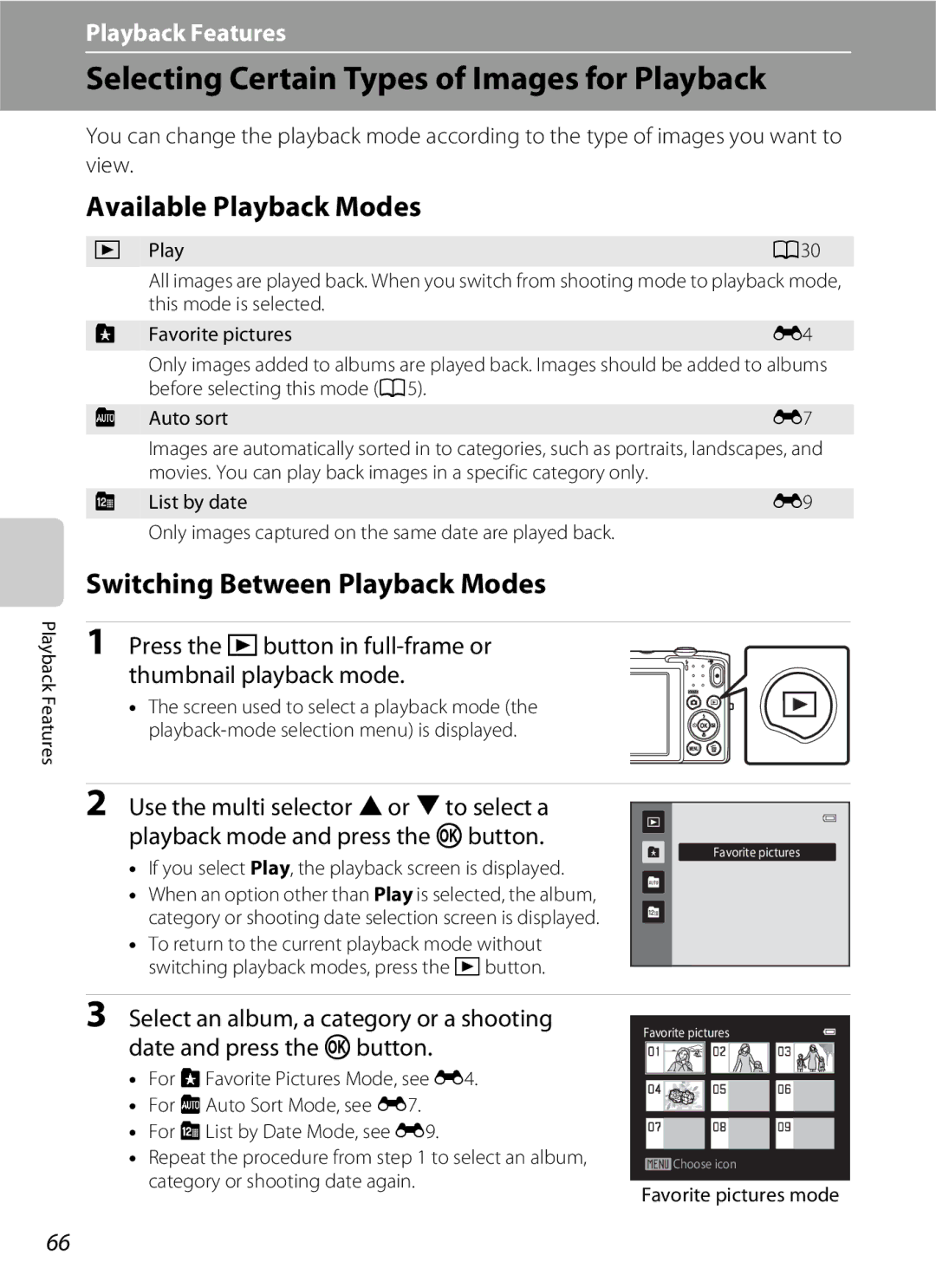 Nikon S2600 Selecting Certain Types of Images for Playback, Available Playback Modes, Switching Between Playback Modes 