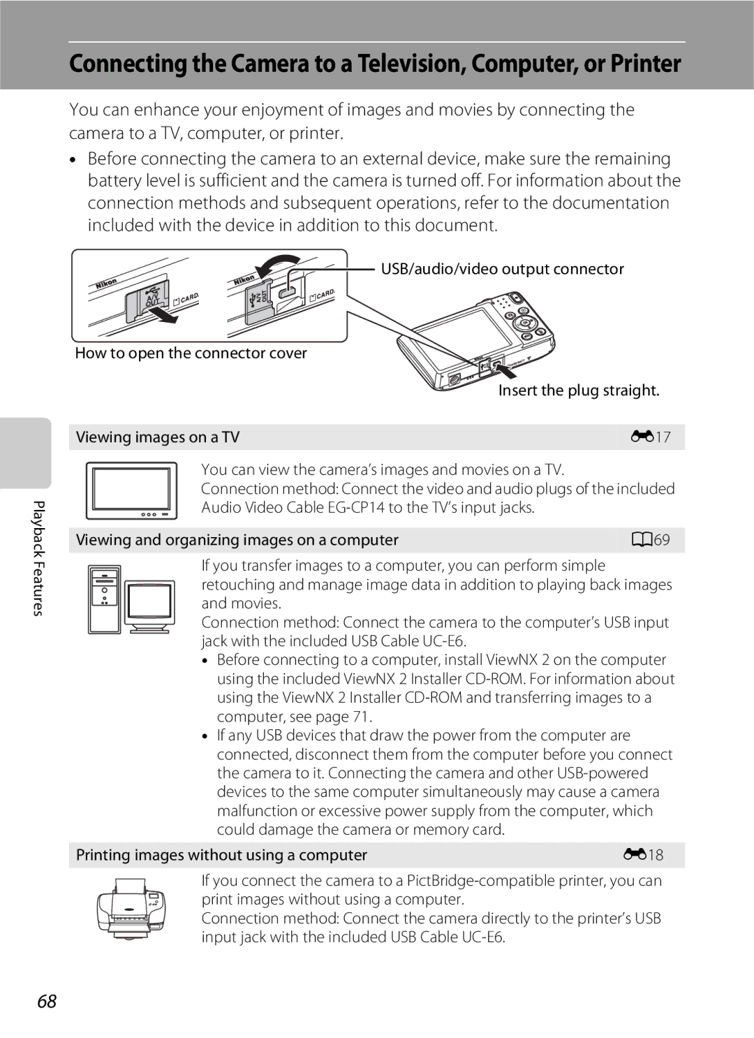 Nikon S2600 manual Connecting the Camera to a Television, Computer, or Printer, Viewing images on a TV 