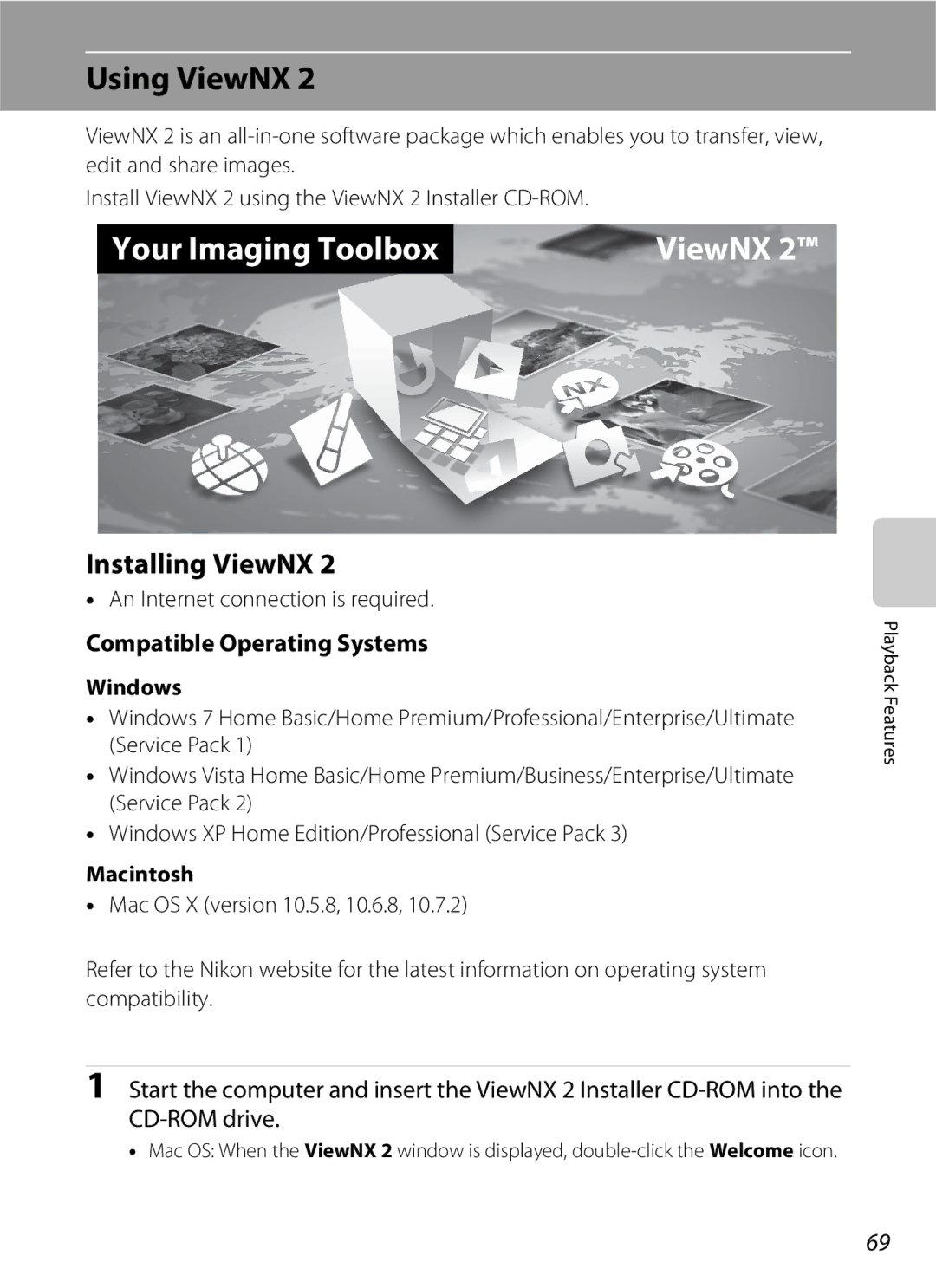 Nikon S2600 manual Using ViewNX, Installing ViewNX, Compatible Operating Systems, Windows, Macintosh 