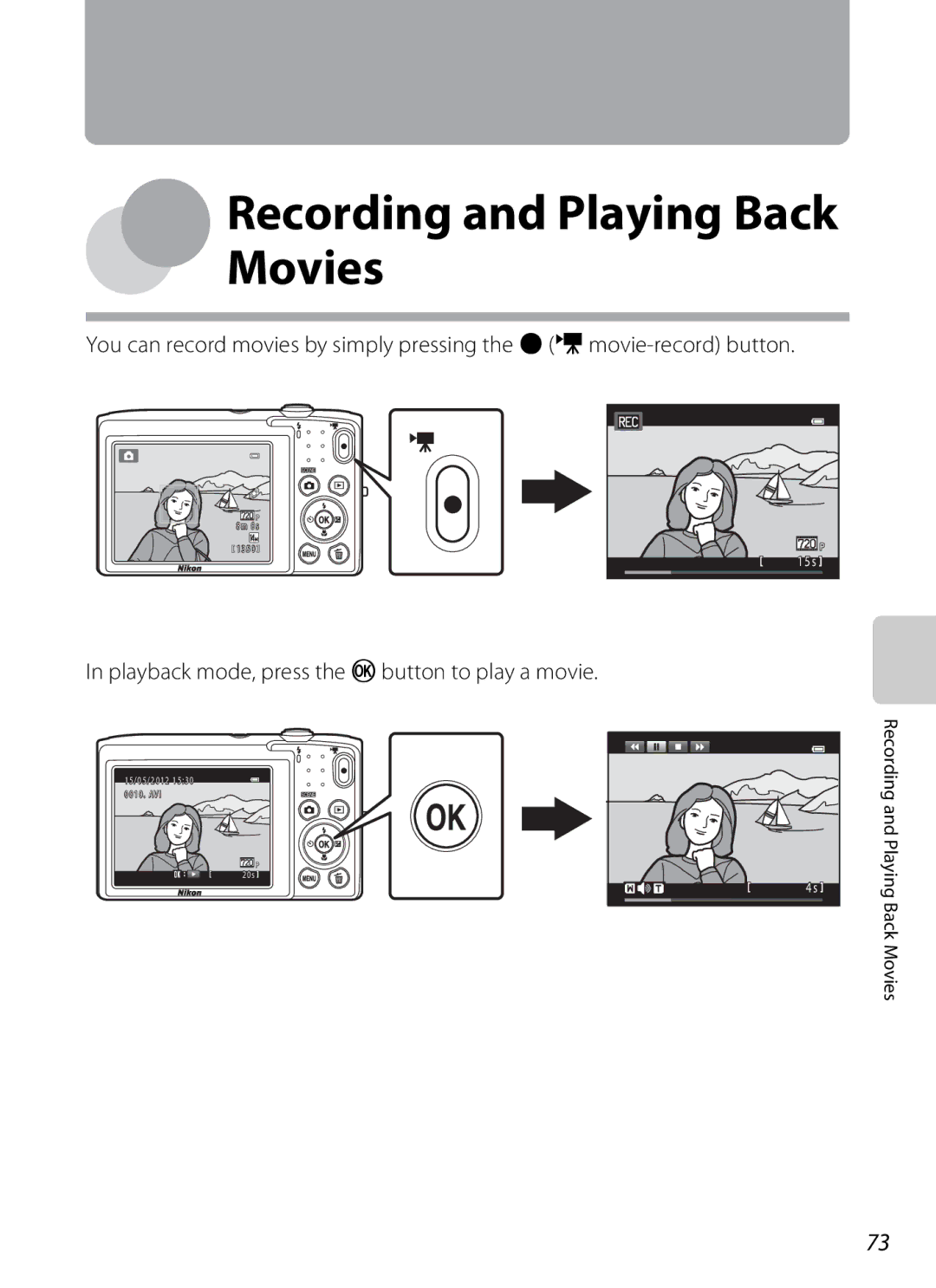 Nikon S2600 manual Recording and Playing Back Movies, Playback mode, press the k button to play a movie 