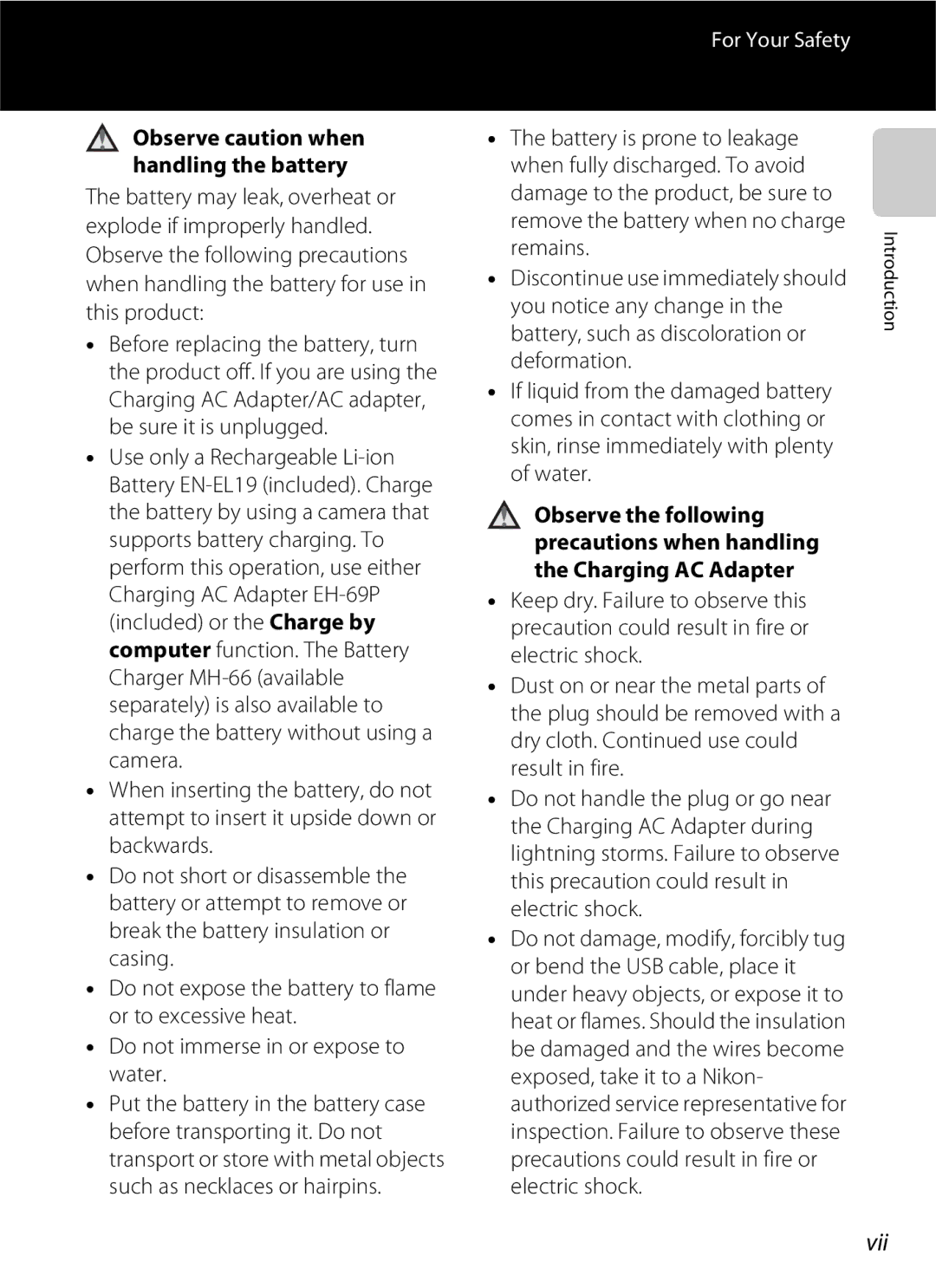 Nikon S2600 manual Vii, Observe caution when handling the battery 