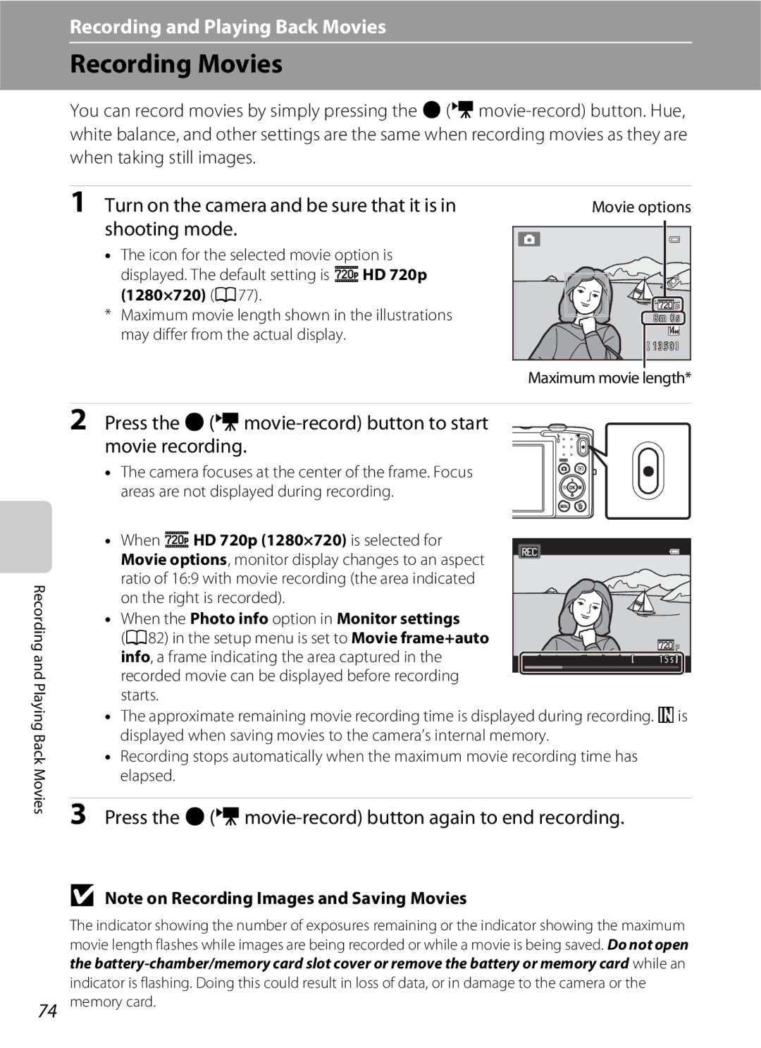 Nikon S2600 manual Recording Movies, Turn on the camera and be sure that it is in shooting mode 