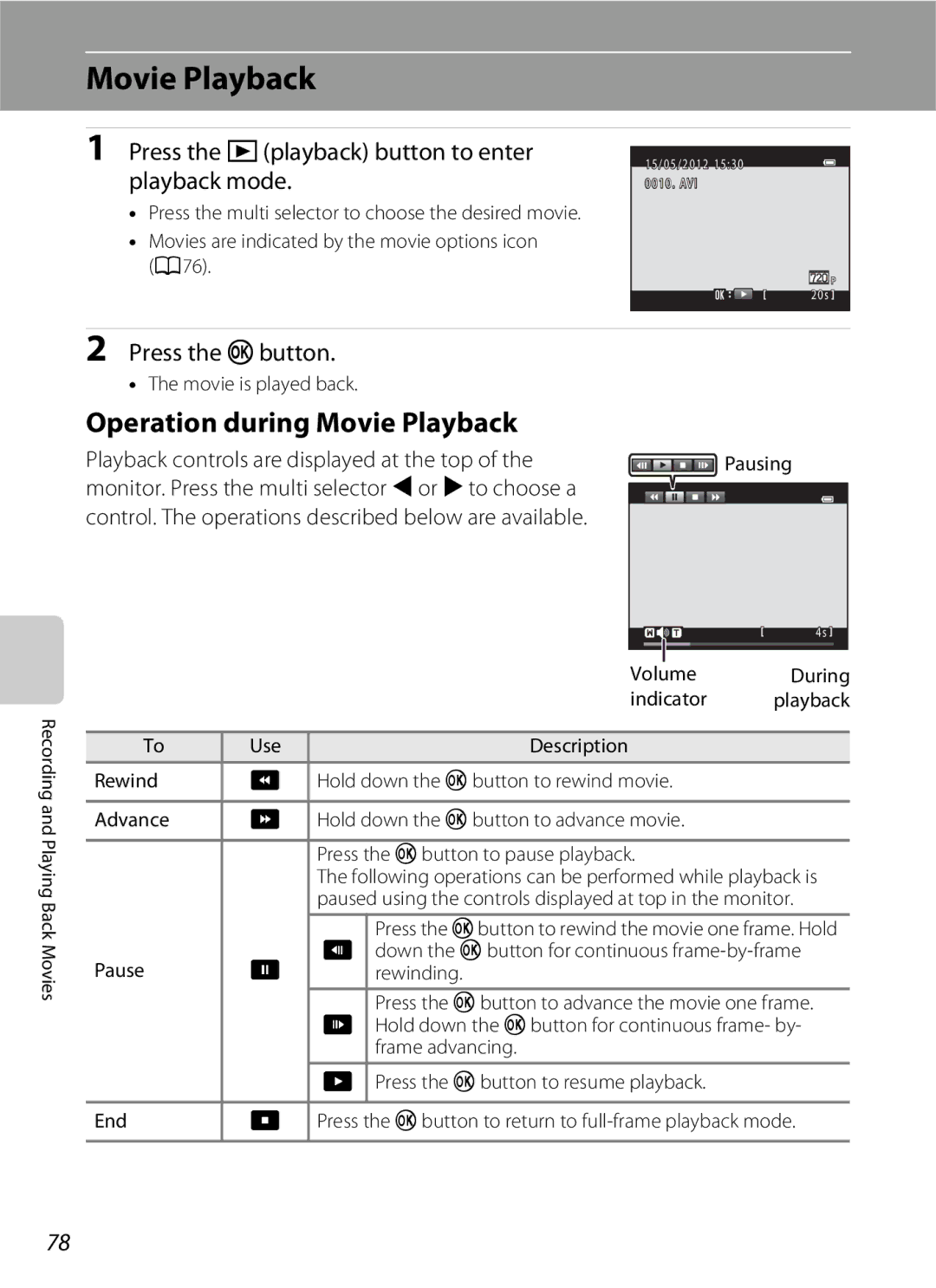 Nikon S2600 manual Operation during Movie Playback, Press the cplayback button to enter playback mode 