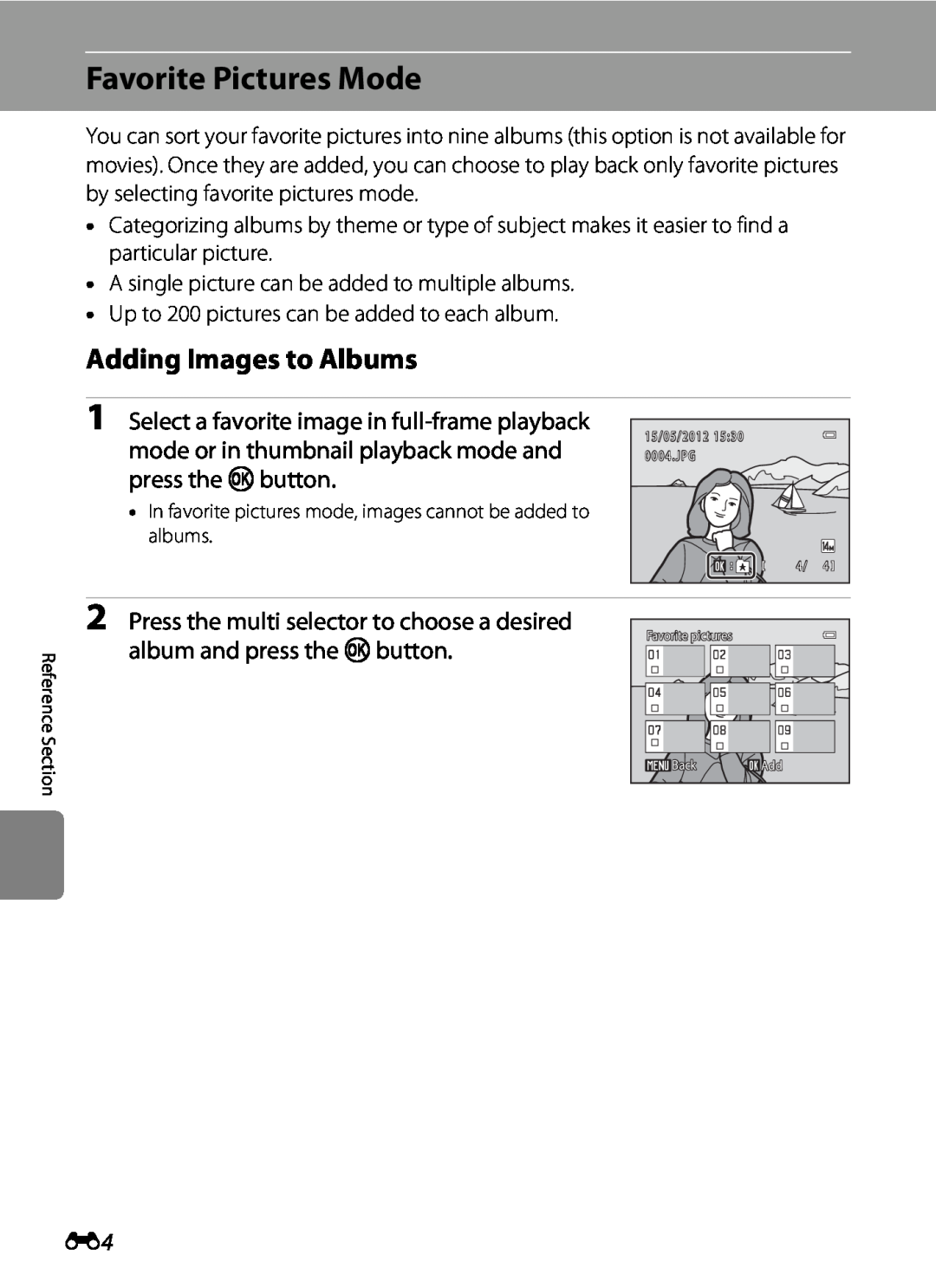 Nikon S2600 manual Favorite Pictures Mode, Adding Images to Albums, Select a favorite image in full-frame playback 