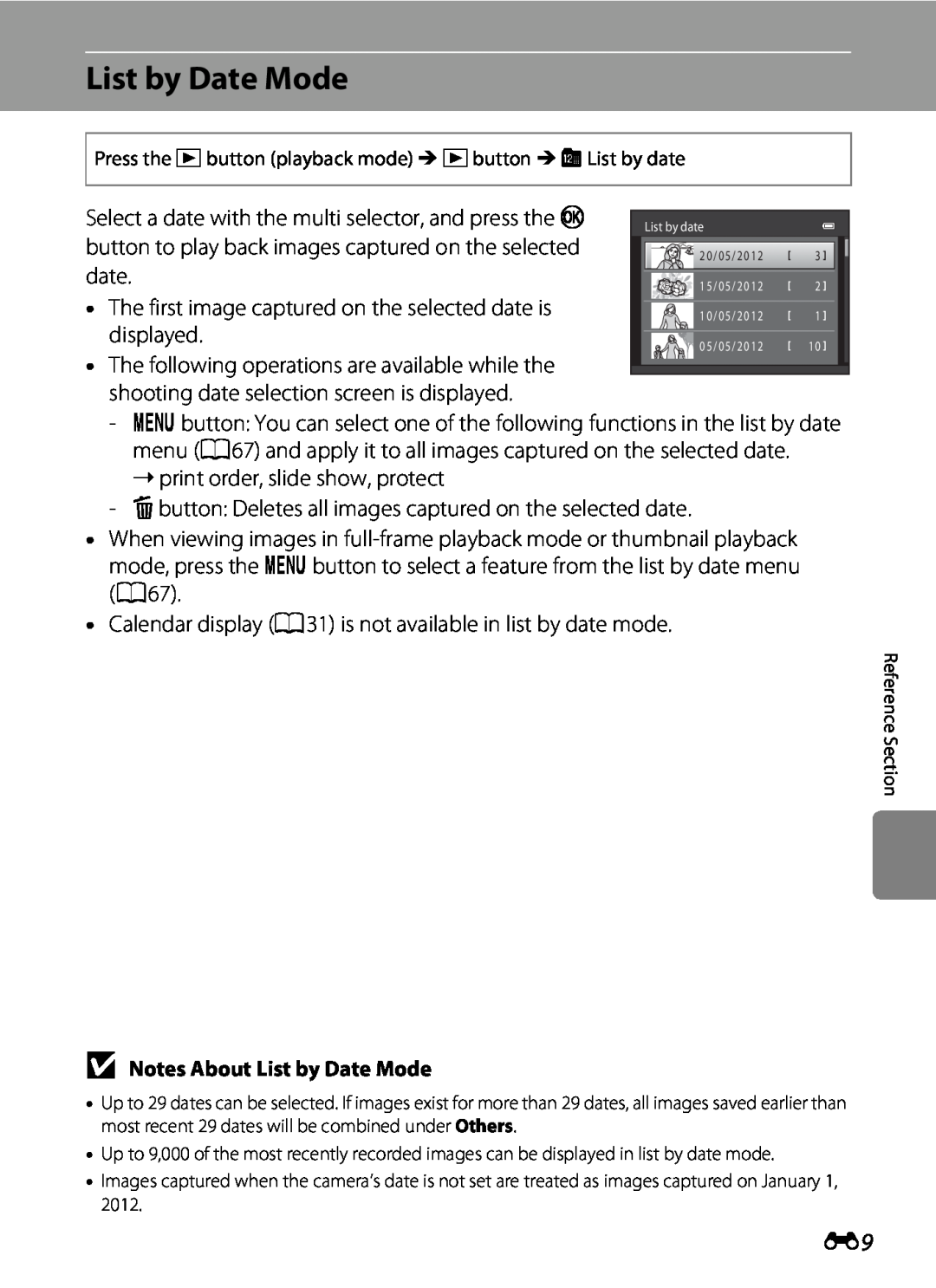 Nikon S2600 manual B Notes About List by Date Mode 