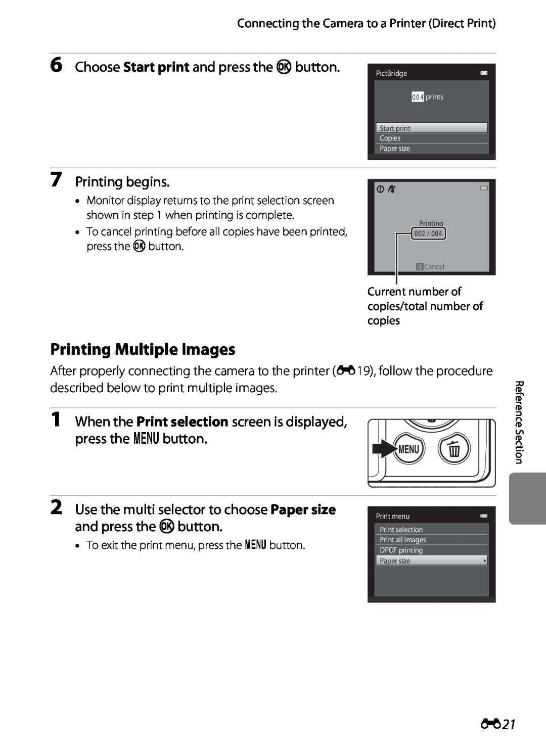 Nikon S2600 Printing Multiple Images, Choose Start print and press the k button, Printing begins, and press the kbutton 