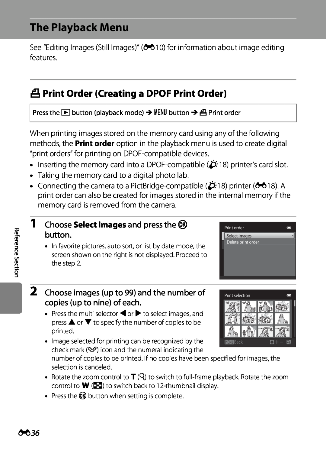 Nikon S2600 manual The Playback Menu, aPrint Order Creating a DPOF Print Order, Choose Select images and press the k button 
