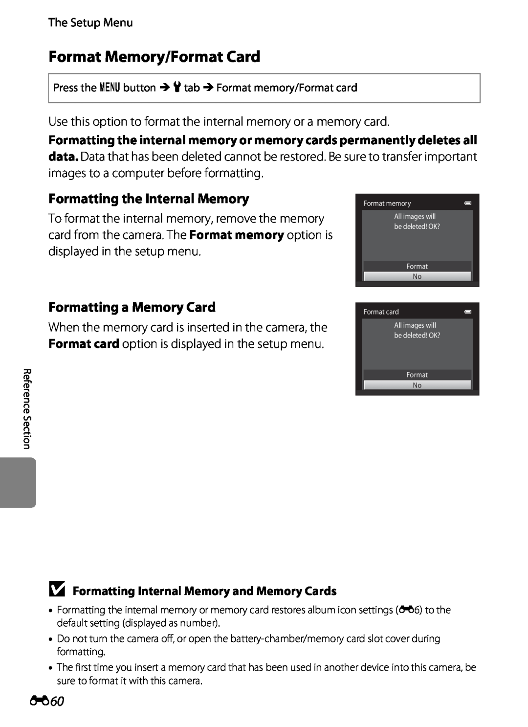 Nikon S2600 manual Format Memory/Format Card, Formatting the Internal Memory, Formatting a Memory Card, The Setup Menu 