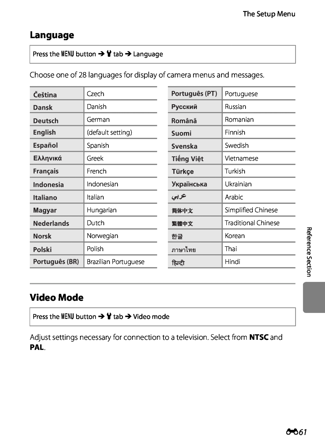 Nikon S2600 Language, Video Mode, Choose one of 28 languages for display of camera menus and messages, The Setup Menu 