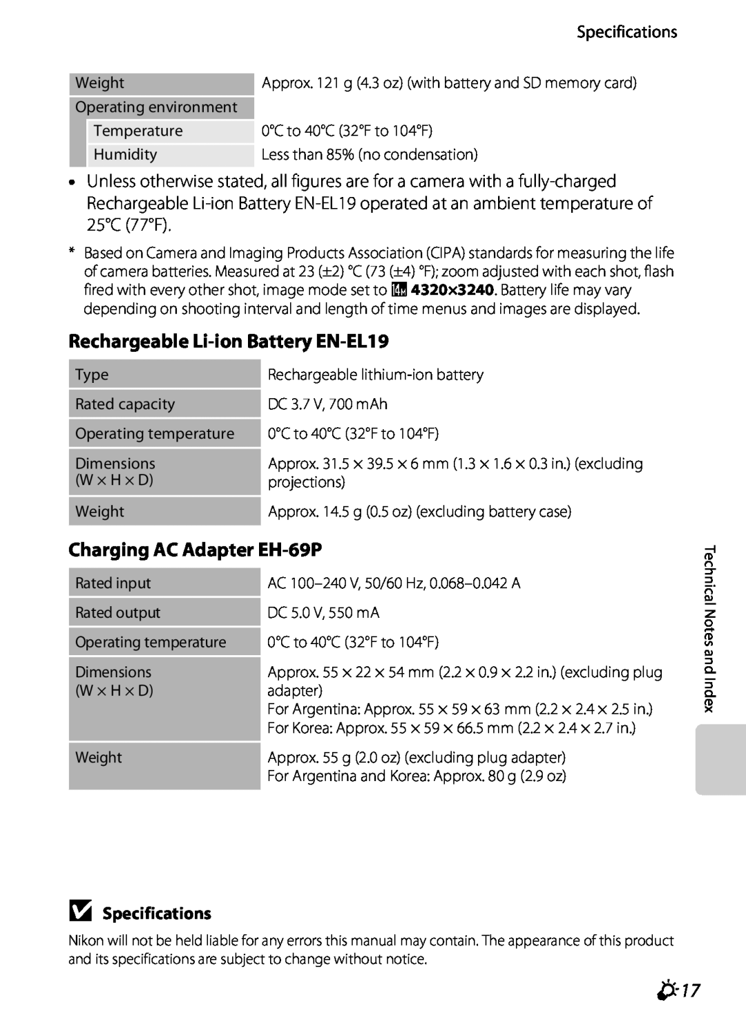 Nikon S2600 manual Rechargeable Li-ion Battery EN-EL19, Charging AC Adapter EH-69P, B Specifications 