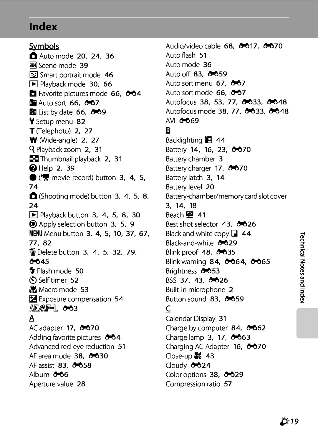 Nikon S2600 manual Index, Symbols 