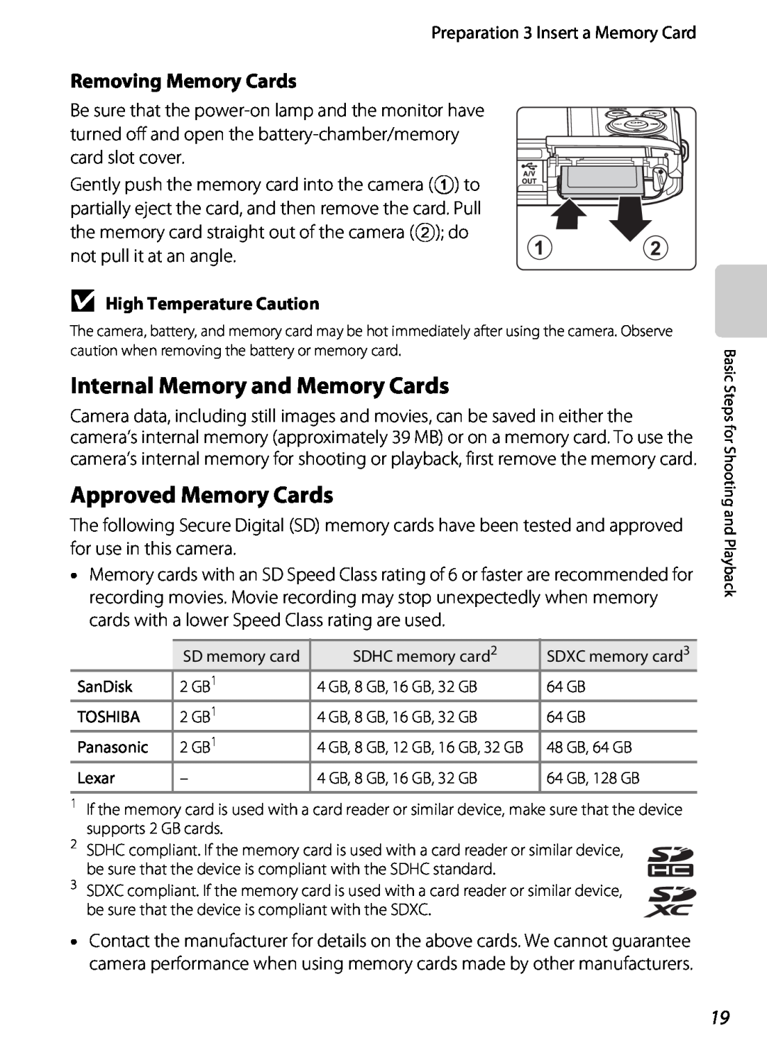 Nikon S2600 Internal Memory and Memory Cards, Approved Memory Cards, Removing Memory Cards, B High Temperature Caution 