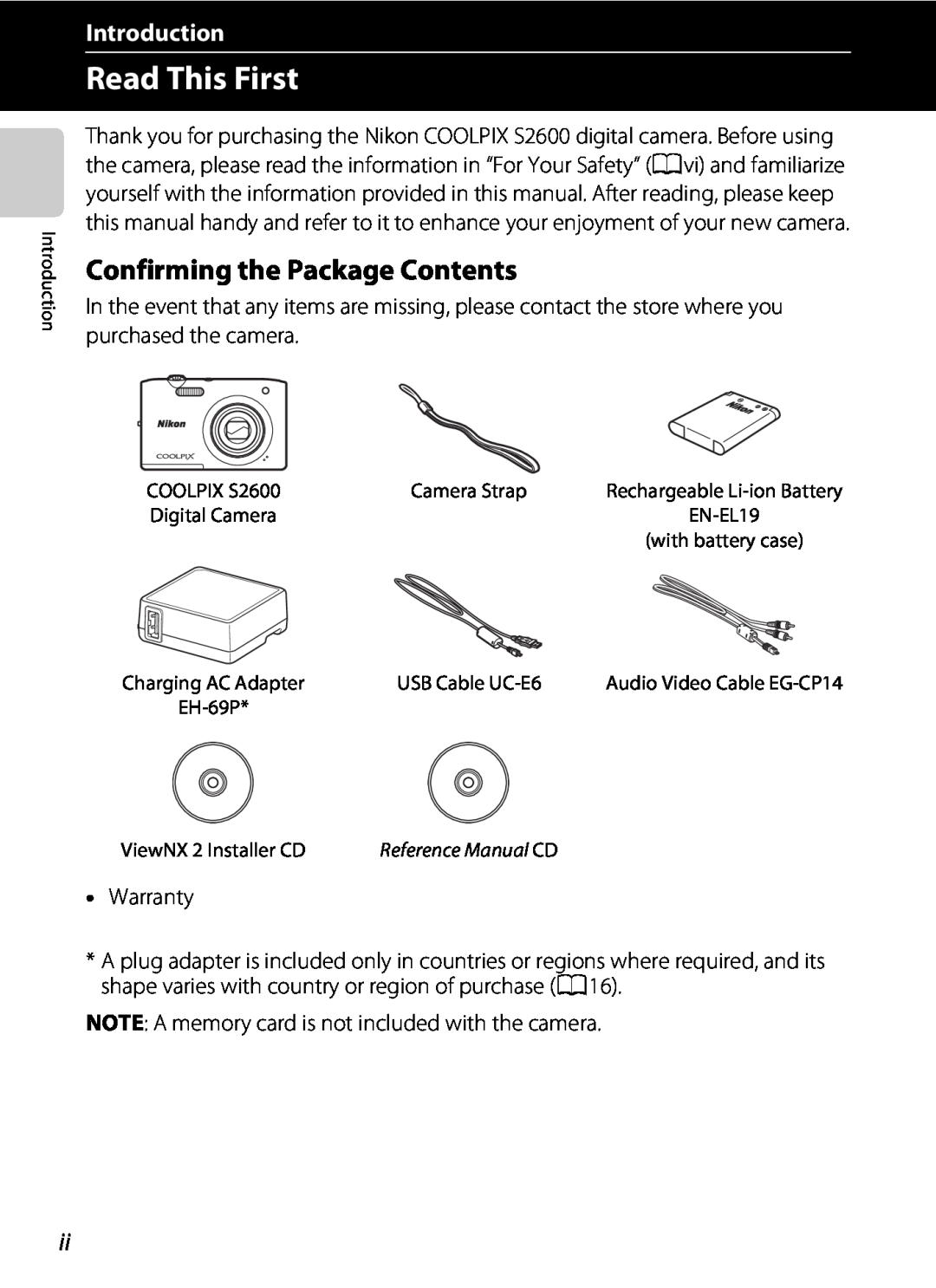 Nikon S2600 manual Read This First, Confirming the Package Contents, Introduction 