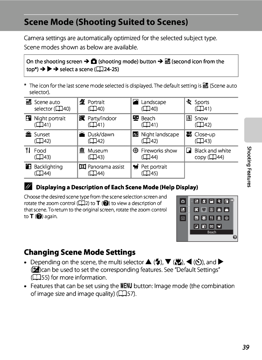 Nikon S2600 manual Scene Mode Shooting Suited to Scenes, Changing Scene Mode Settings 