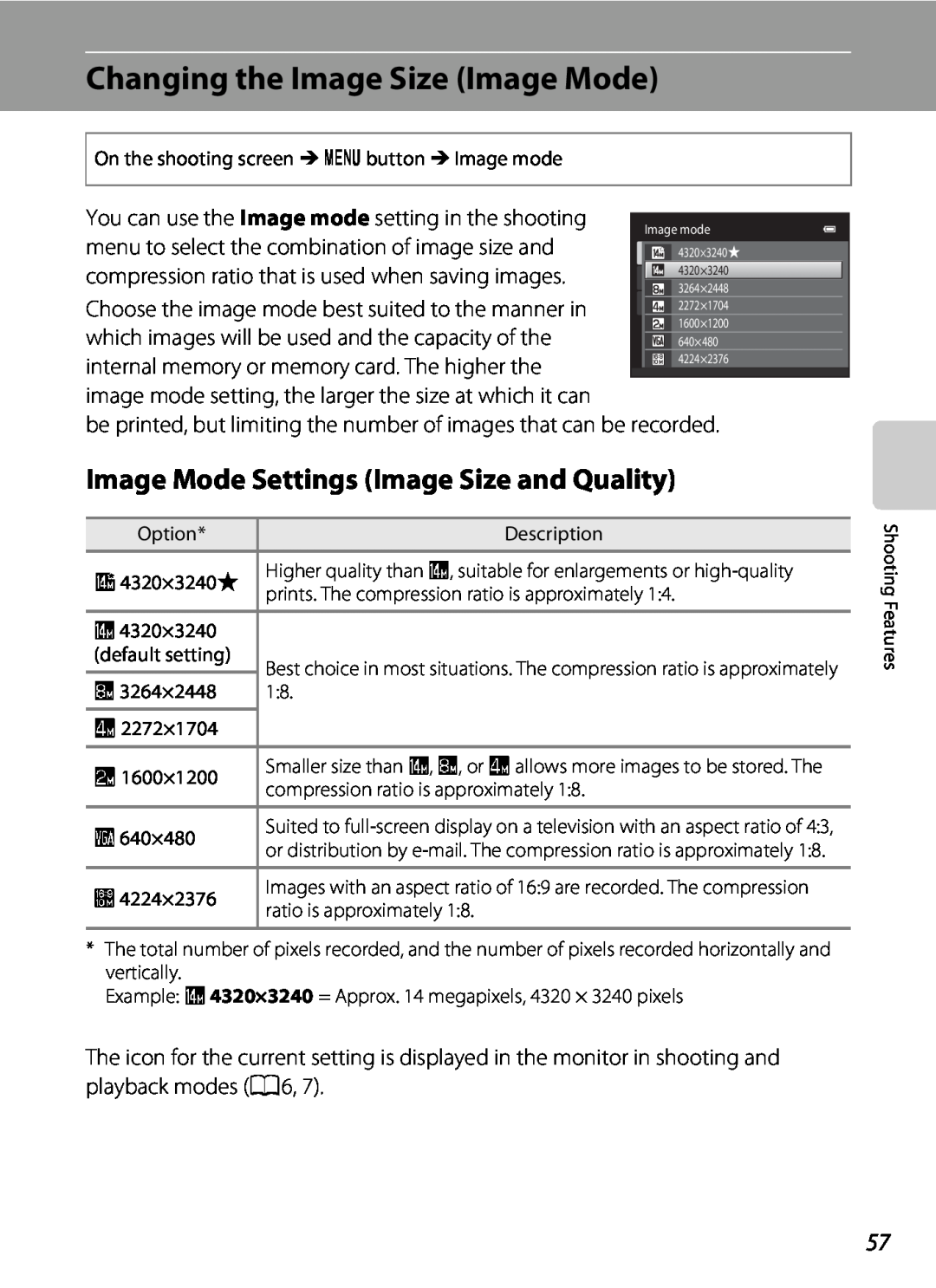 Nikon S2600 manual Changing the Image Size Image Mode, Image Mode Settings Image Size and Quality 