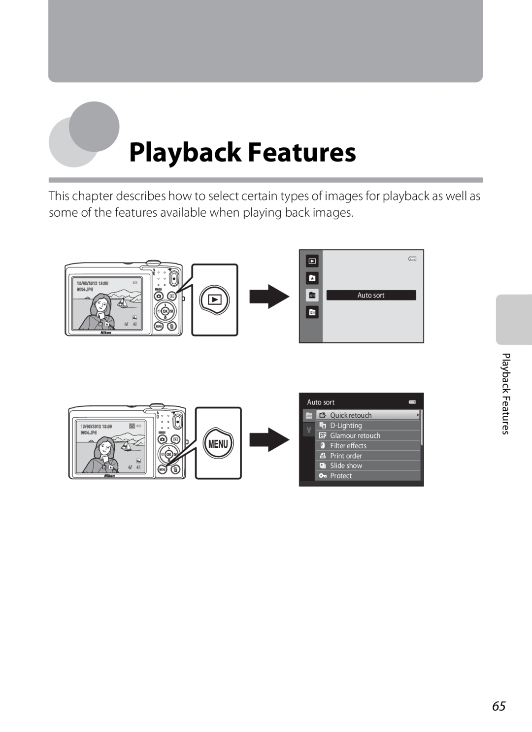 Nikon S2600 Playback Features, some of the features available when playing back images, Auto sort, Quick retouch, Protect 