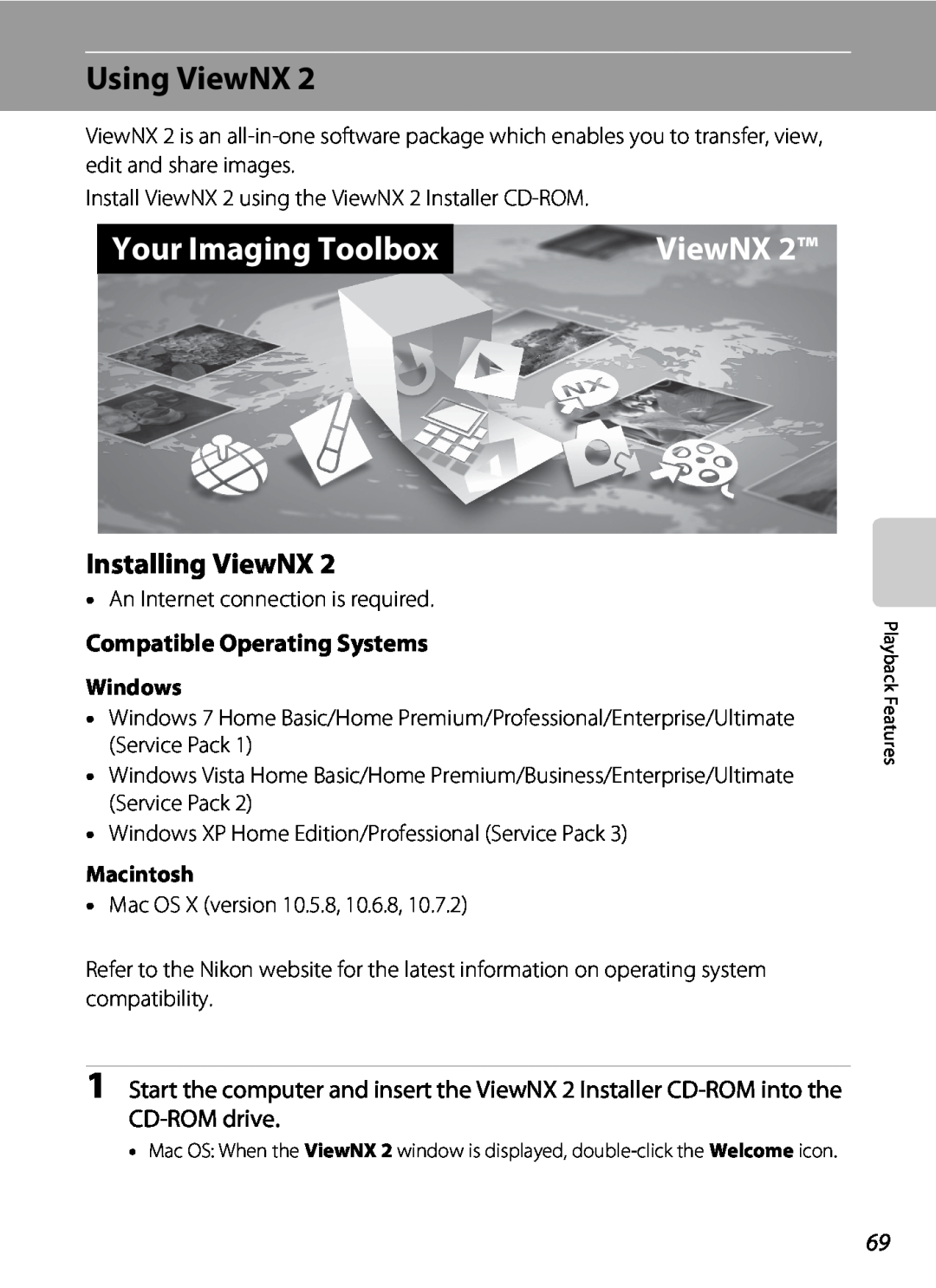 Nikon S2600 manual Using ViewNX, Installing ViewNX, Compatible Operating Systems, Windows, Macintosh, Your Imaging Toolbox 