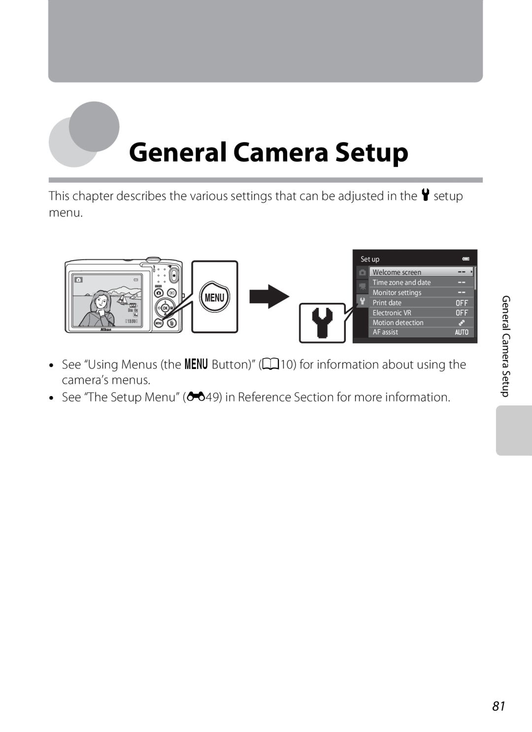 Nikon S2600 manual General Camera Setup 