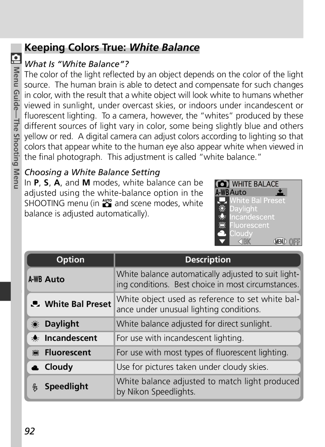 Nikon S2H05000501 manual Keeping Colors True White Balance, What Is White Balance?, Choosing a White Balance Setting 