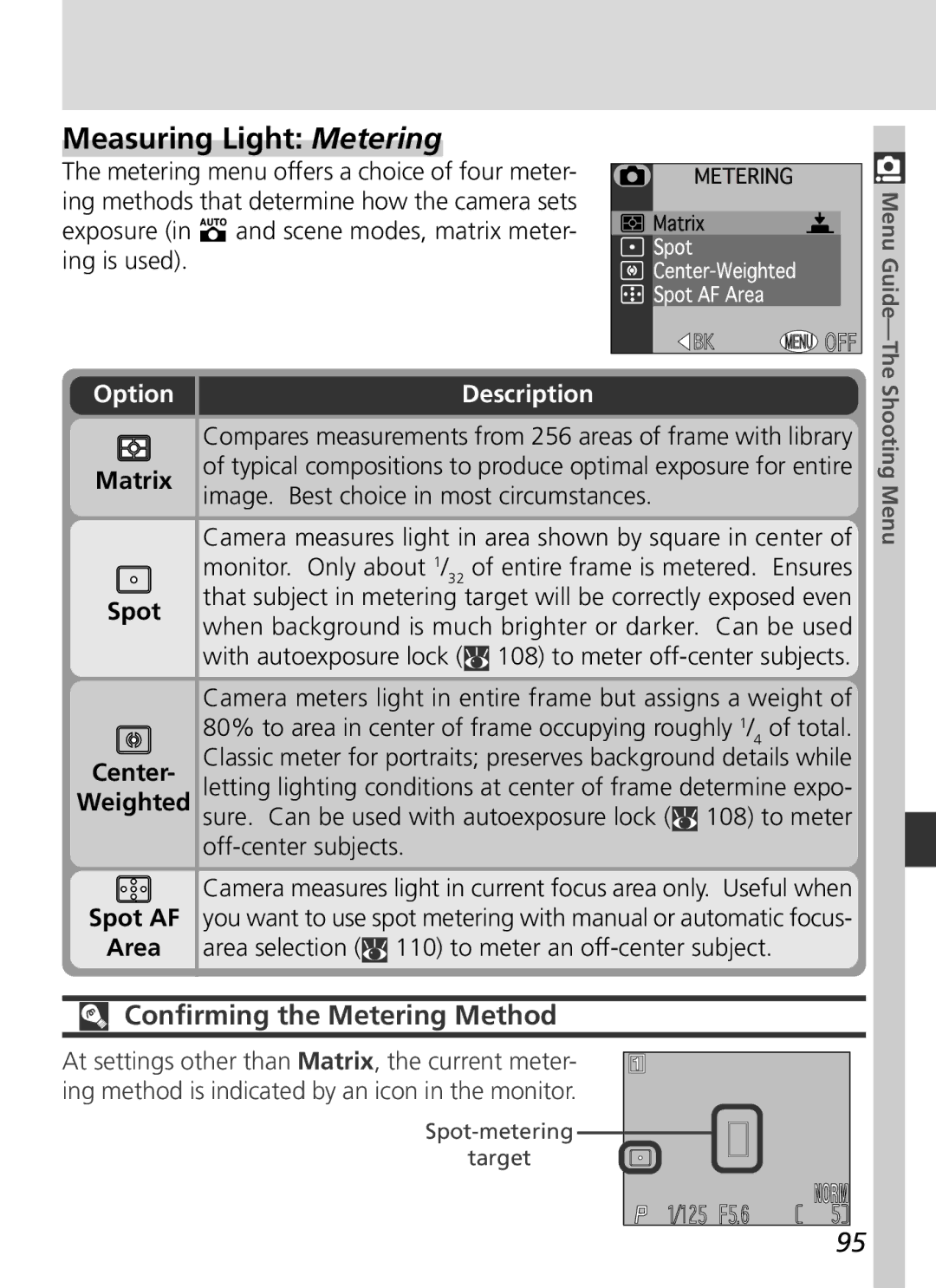 Nikon S2H05000501 manual Measuring Light Metering, Confirming the Metering Method, Image. Best choice in most circumstances 