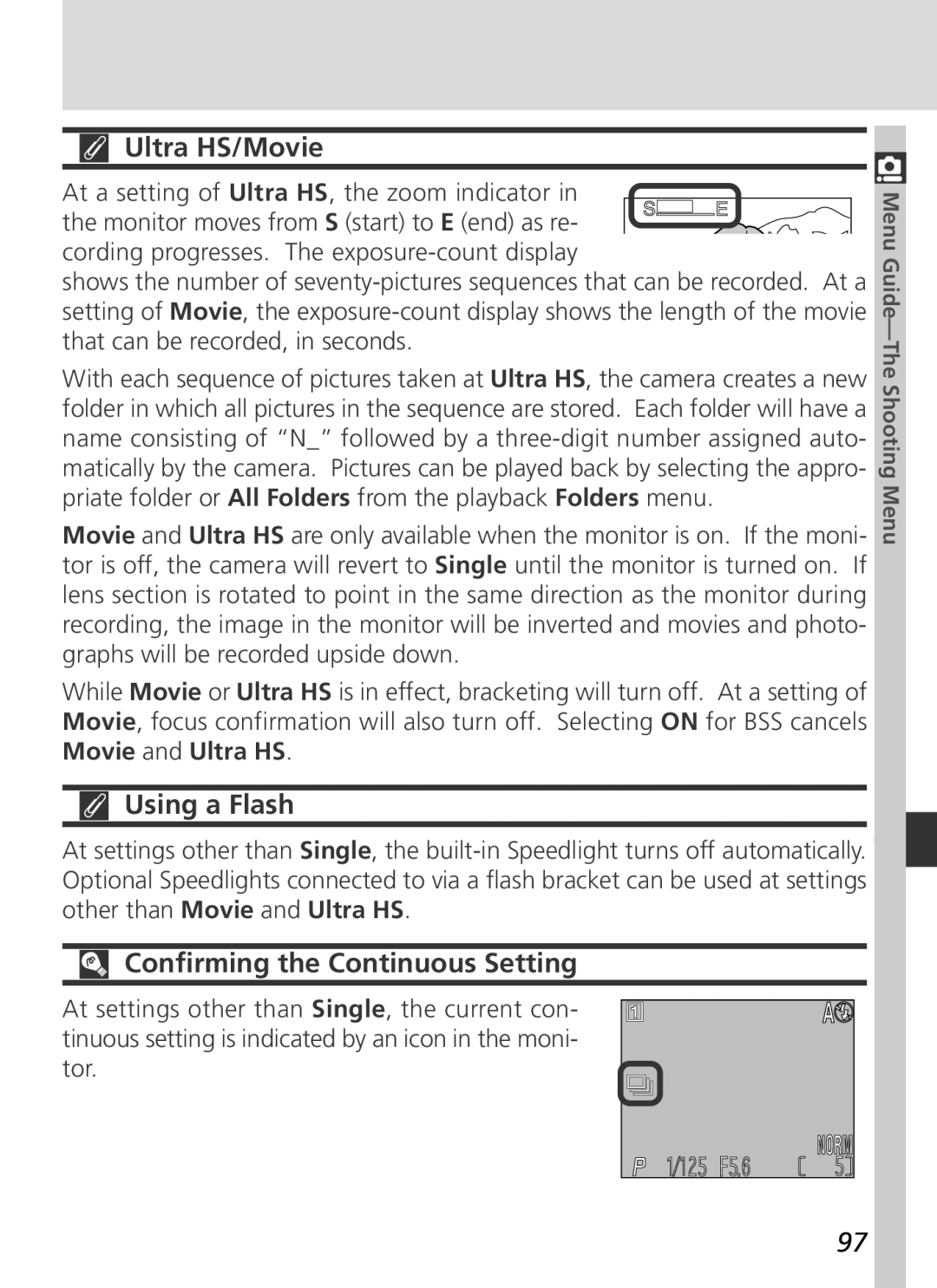 Nikon S2H05000501 manual Ultra HS/Movie, Using a Flash, Confirming the Continuous Setting 