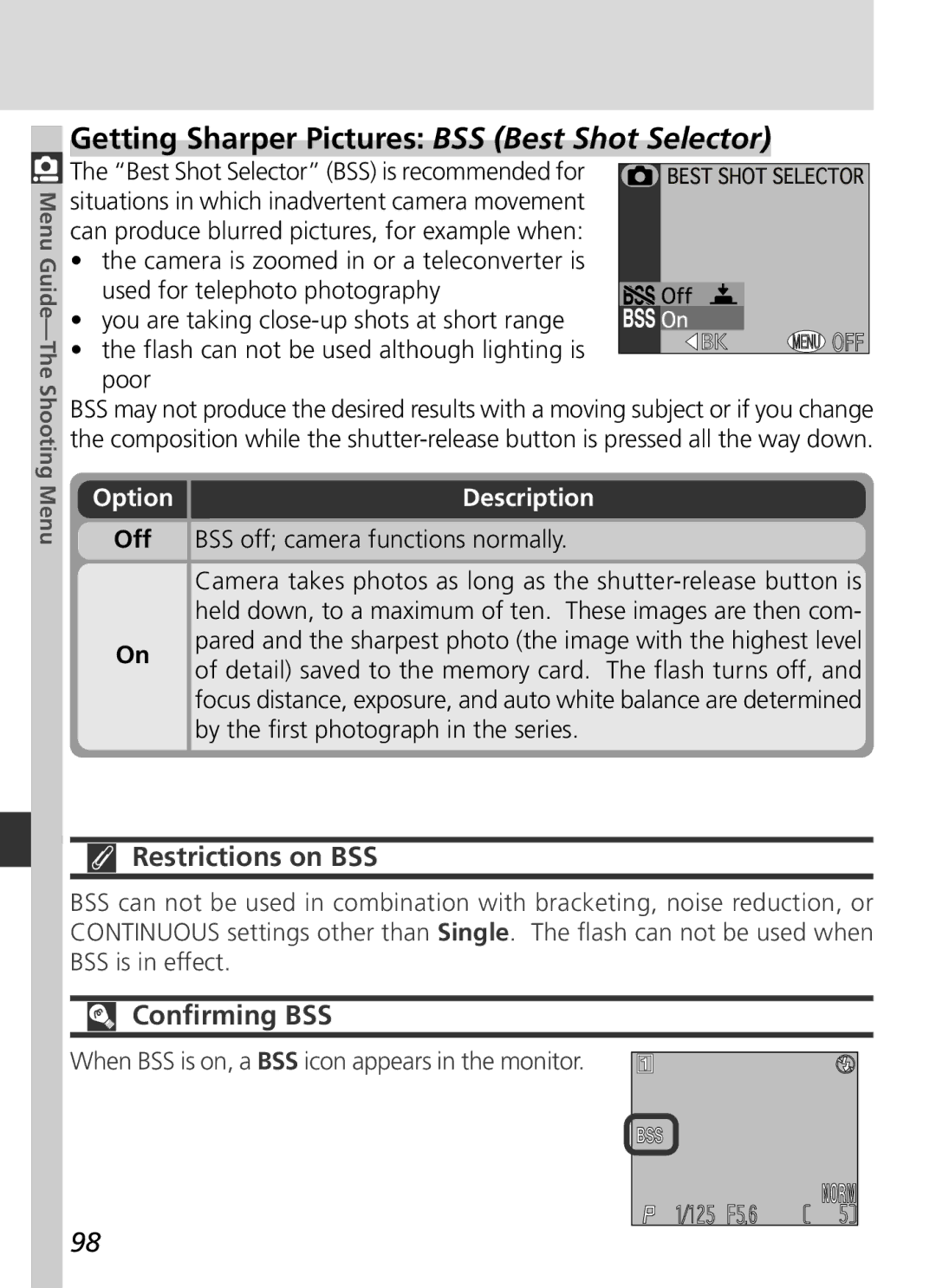 Nikon S2H05000501 manual Getting Sharper Pictures BSS Best Shot Selector, Restrictions on BSS, Confirming BSS 