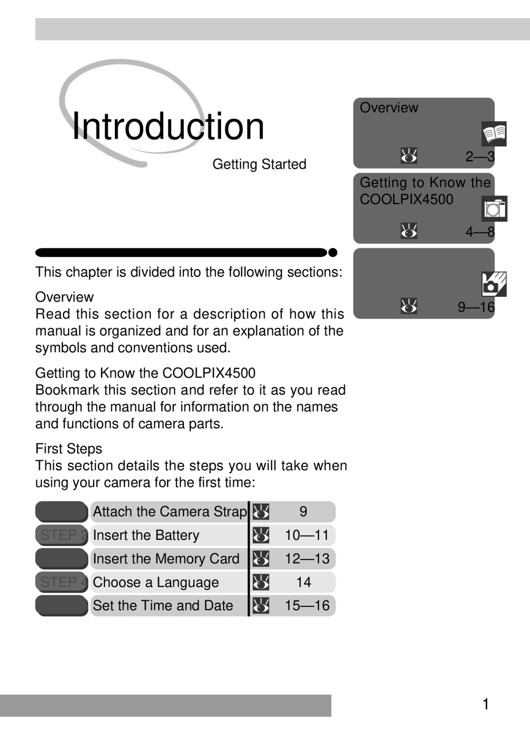 Nikon S2H05000501 manual Getting Started, Overview, Getting to Know the COOLPIX4500, First Steps 