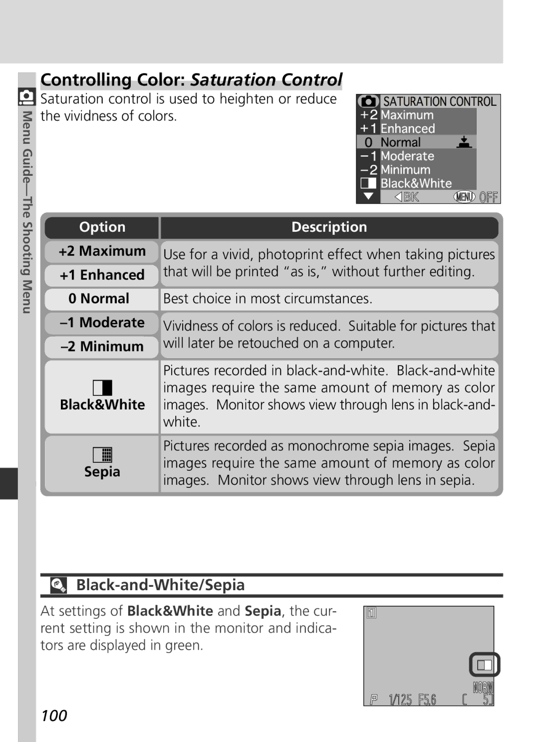 Nikon S2H05000501 manual Controlling Color Saturation Control, Black-and-White/Sepia, 100 