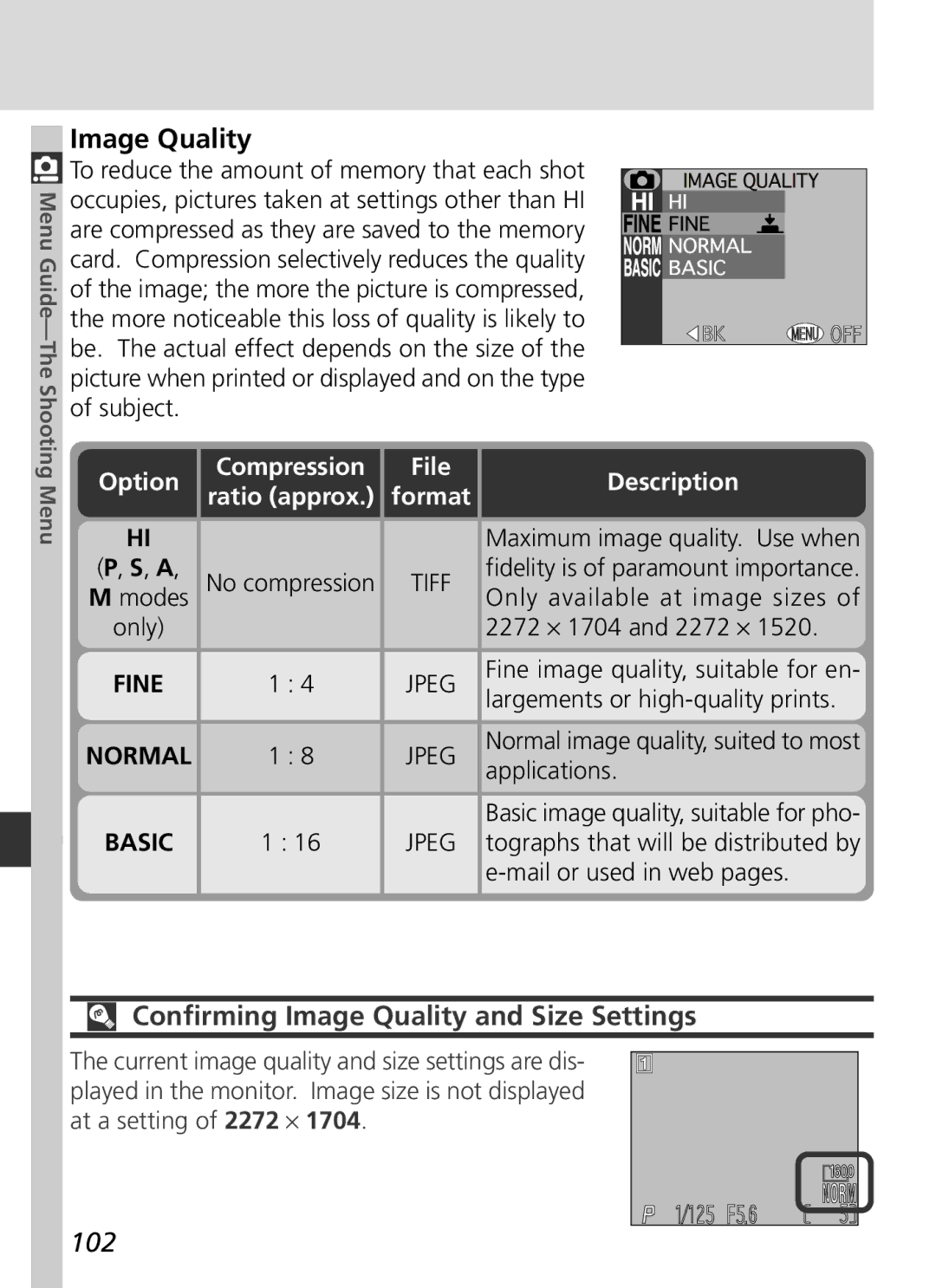 Nikon S2H05000501 manual Confirming Image Quality and Size Settings, 102, Compression Ratio approx, File Format 