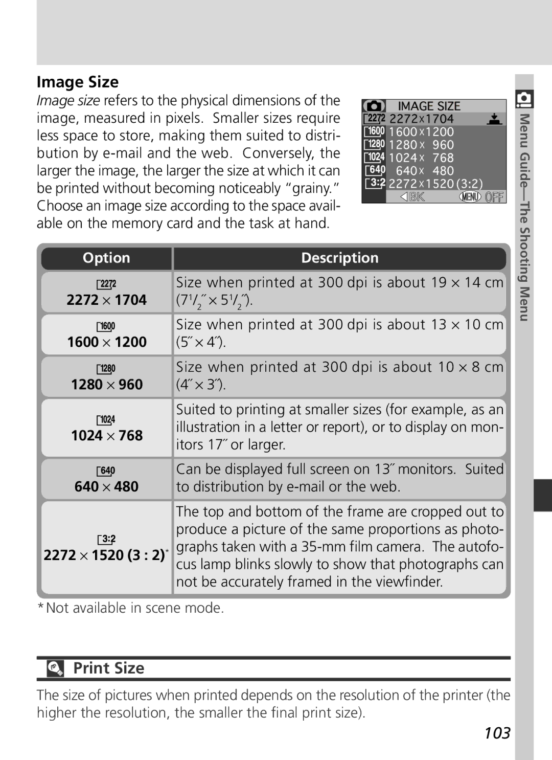 Nikon S2H05000501 manual Image Size, Print Size, 103 