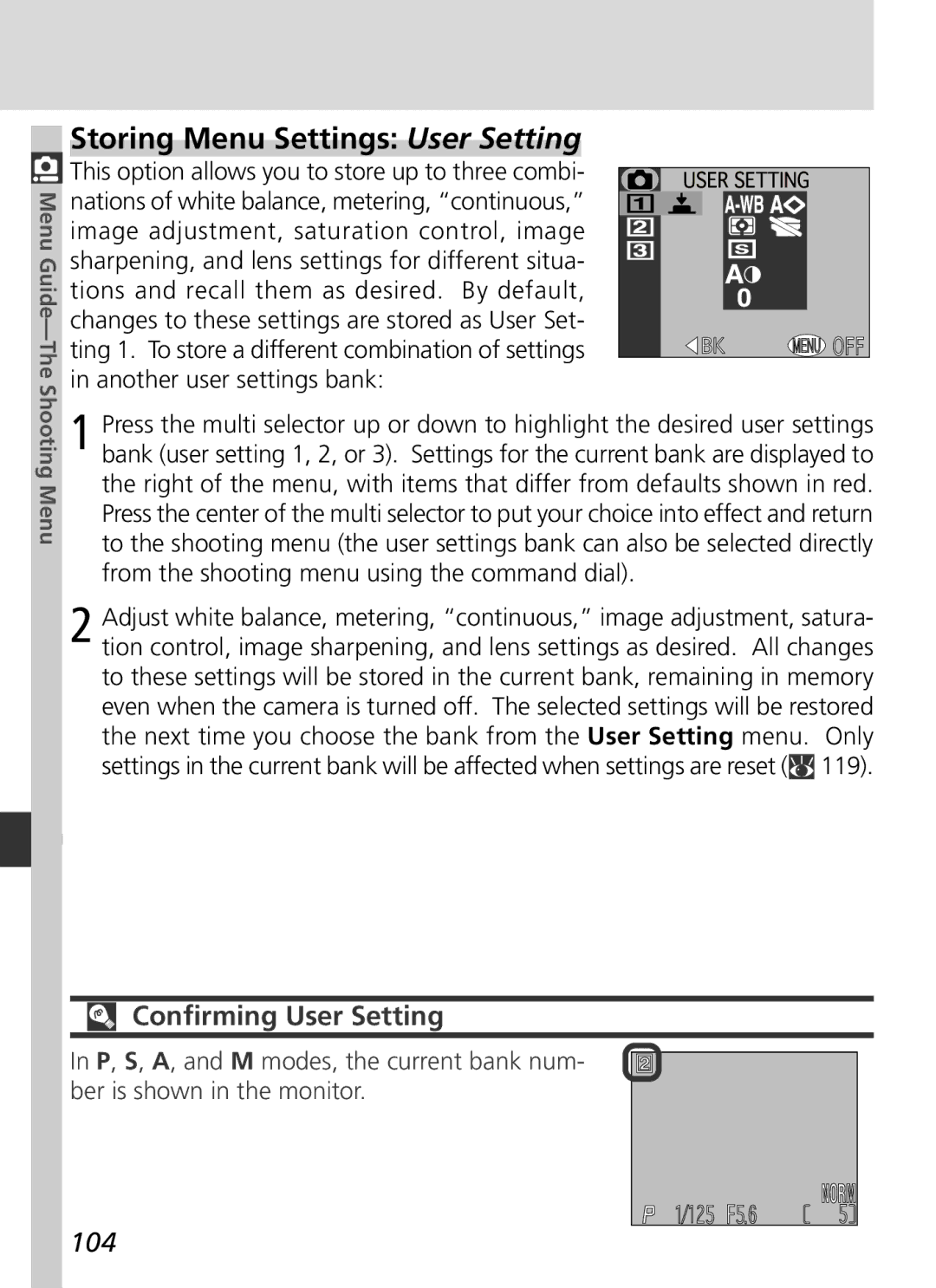 Nikon S2H05000501 manual Storing Menu Settings User Setting, Confirming User Setting, 104 