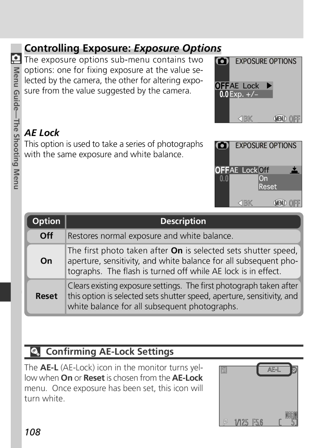 Nikon S2H05000501 manual Controlling Exposure Exposure Options, Confirming AE-Lock Settings, 108 