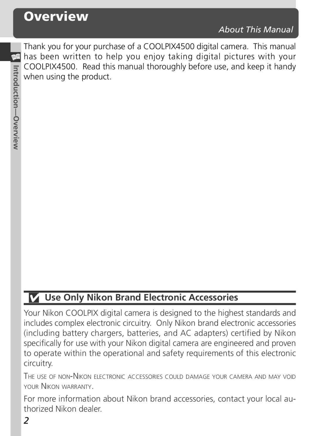 Nikon S2H05000501 manual Overview, Use Only Nikon Brand Electronic Accessories, About This Manual 