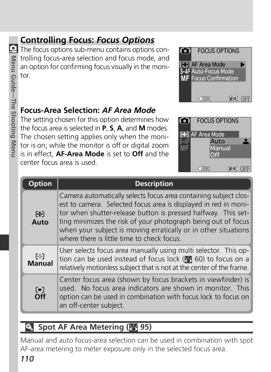 Nikon S2H05000501 manual Controlling Focus Focus Options, Focus-Area Selection AF Area Mode, Spot AF Area Metering, 110 