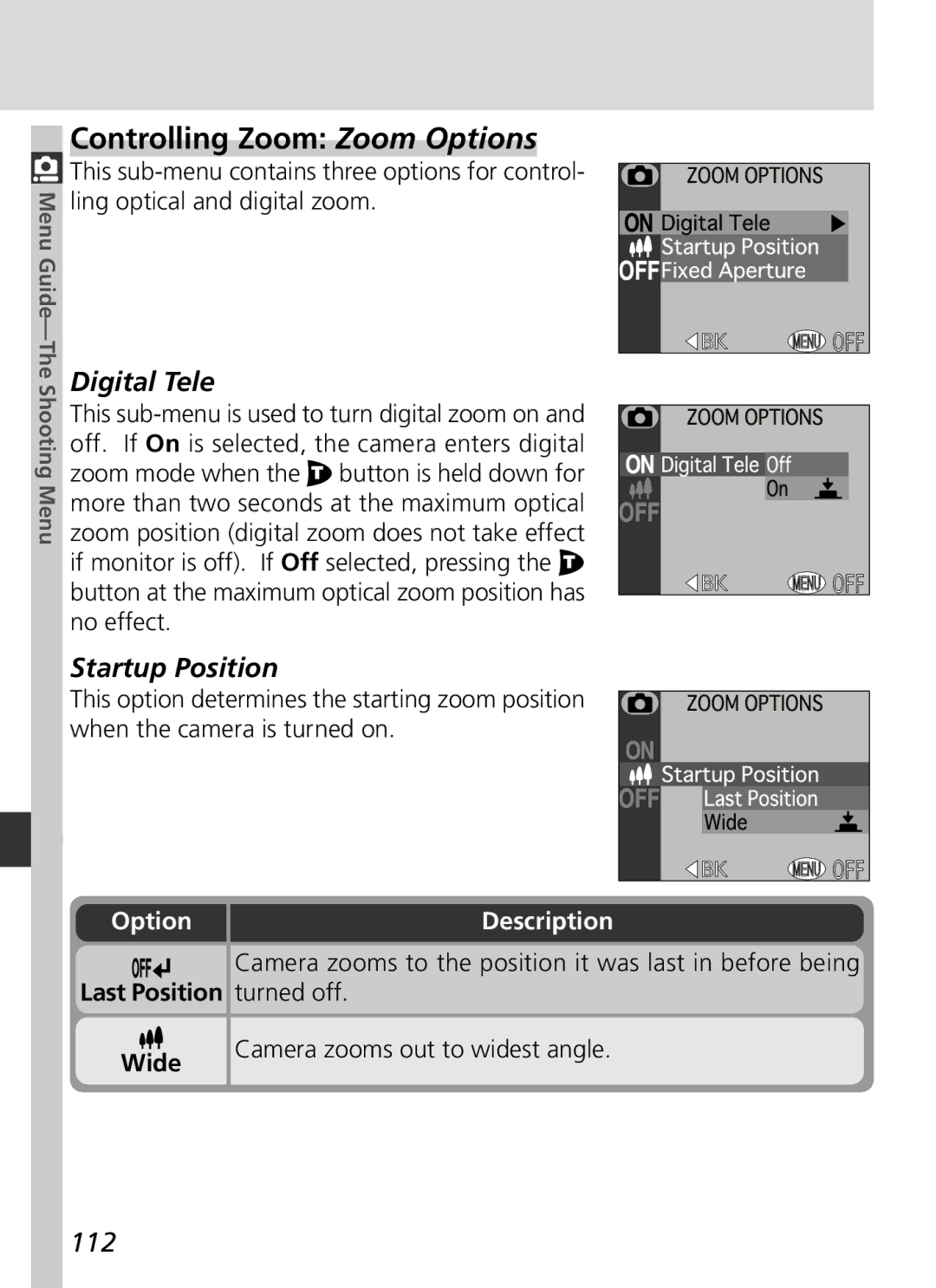 Nikon S2H05000501 manual Controlling Zoom Zoom Options, 112 