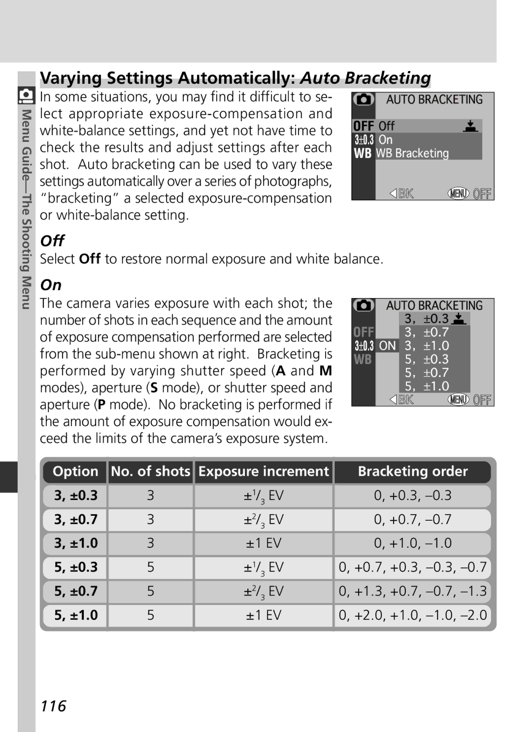 Nikon S2H05000501 manual Varying Settings Automatically Auto Bracketing, 116, Option No. of shots, Bracketing order 