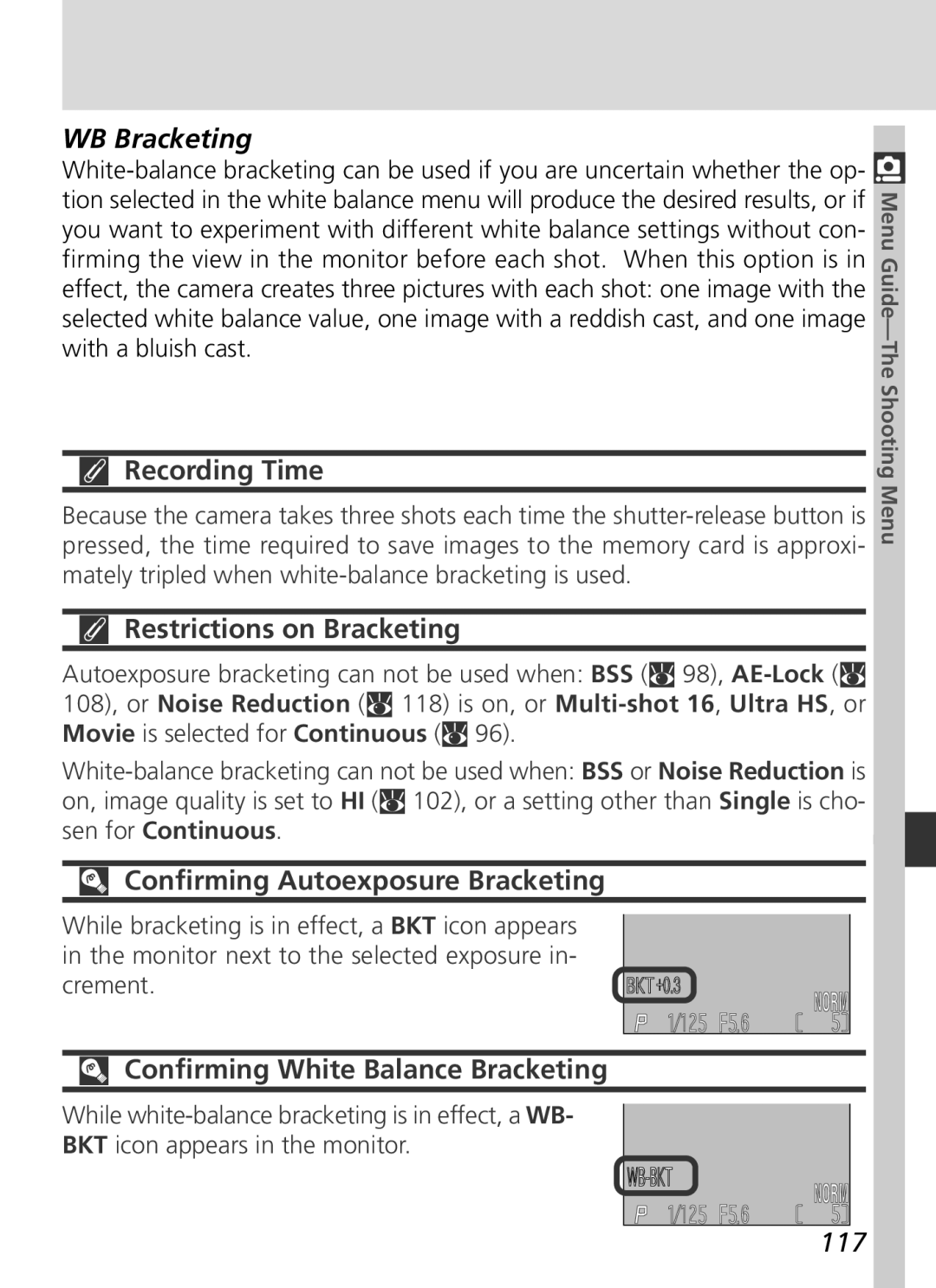 Nikon S2H05000501 manual Recording Time, Restrictions on Bracketing, Confirming Autoexposure Bracketing, 117 