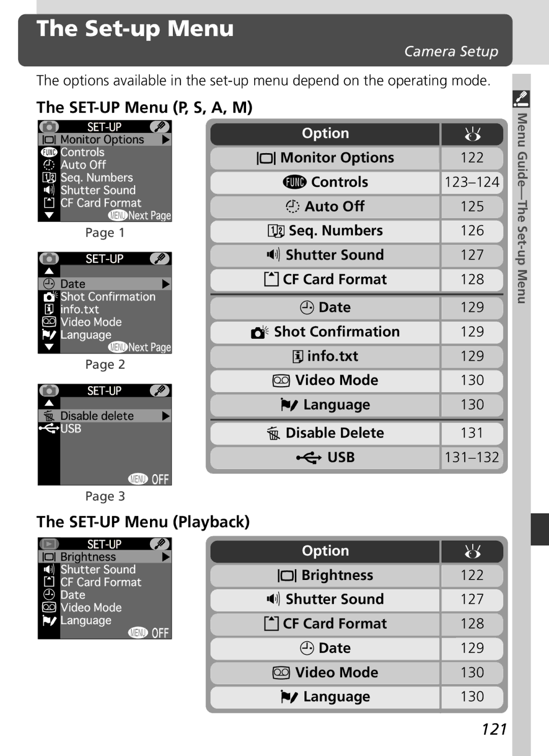 Nikon S2H05000501 manual Set-up Menu, SET-UP Menu P, S, A, M, SET-UP Menu Playback, 121, Camera Setup 