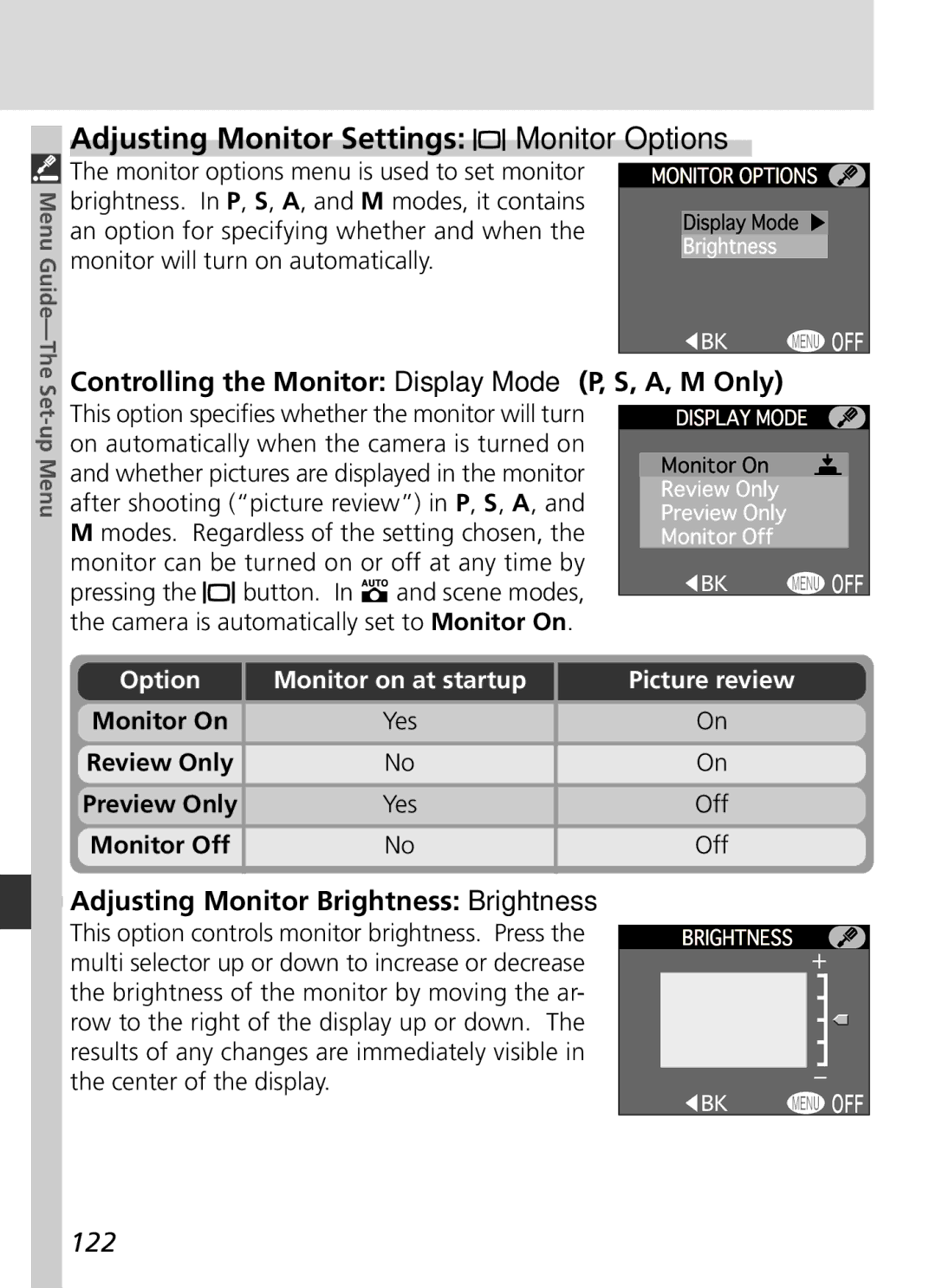 Nikon S2H05000501 Adjusting Monitor Settings Monitor Options, Controlling the Monitor Display Mode P, S, A, M Only, 122 