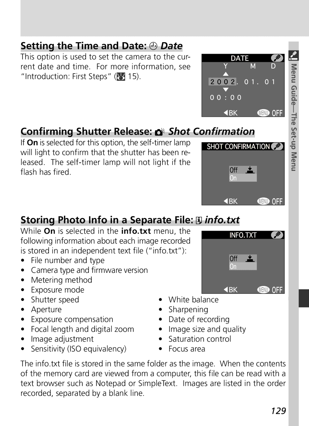 Nikon S2H05000501 manual Setting the Time and Date Date, Confirming Shutter Release Shot Confirmation, 129 