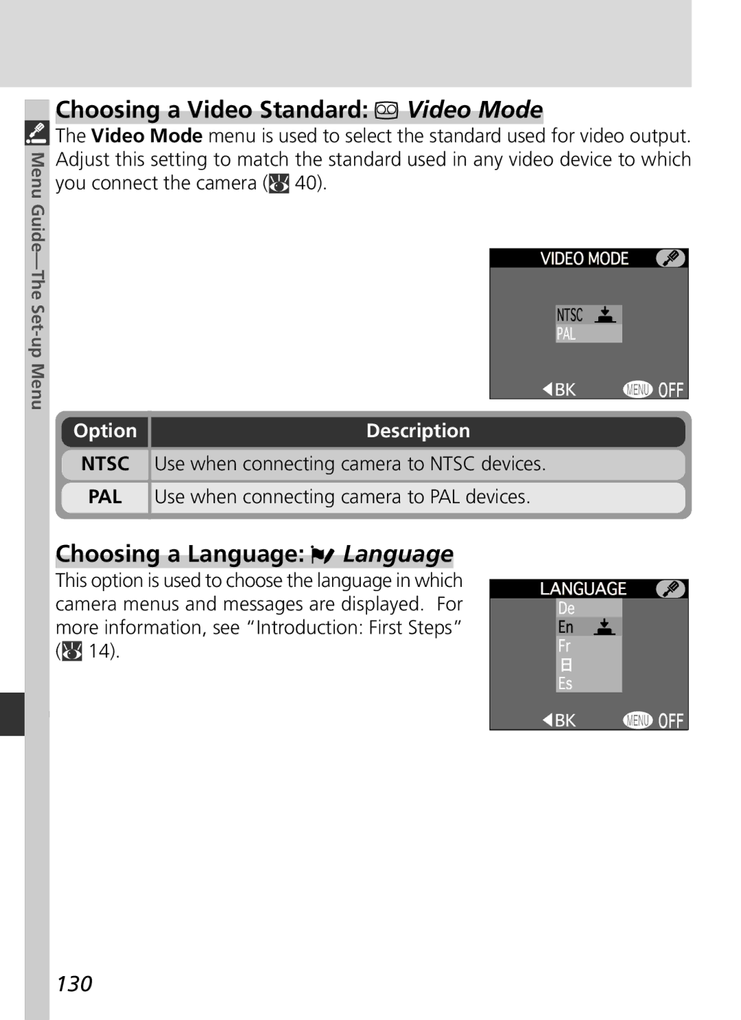 Nikon S2H05000501 manual Choosing a Video Standard Video Mode, Choosing a Language Language, 130 