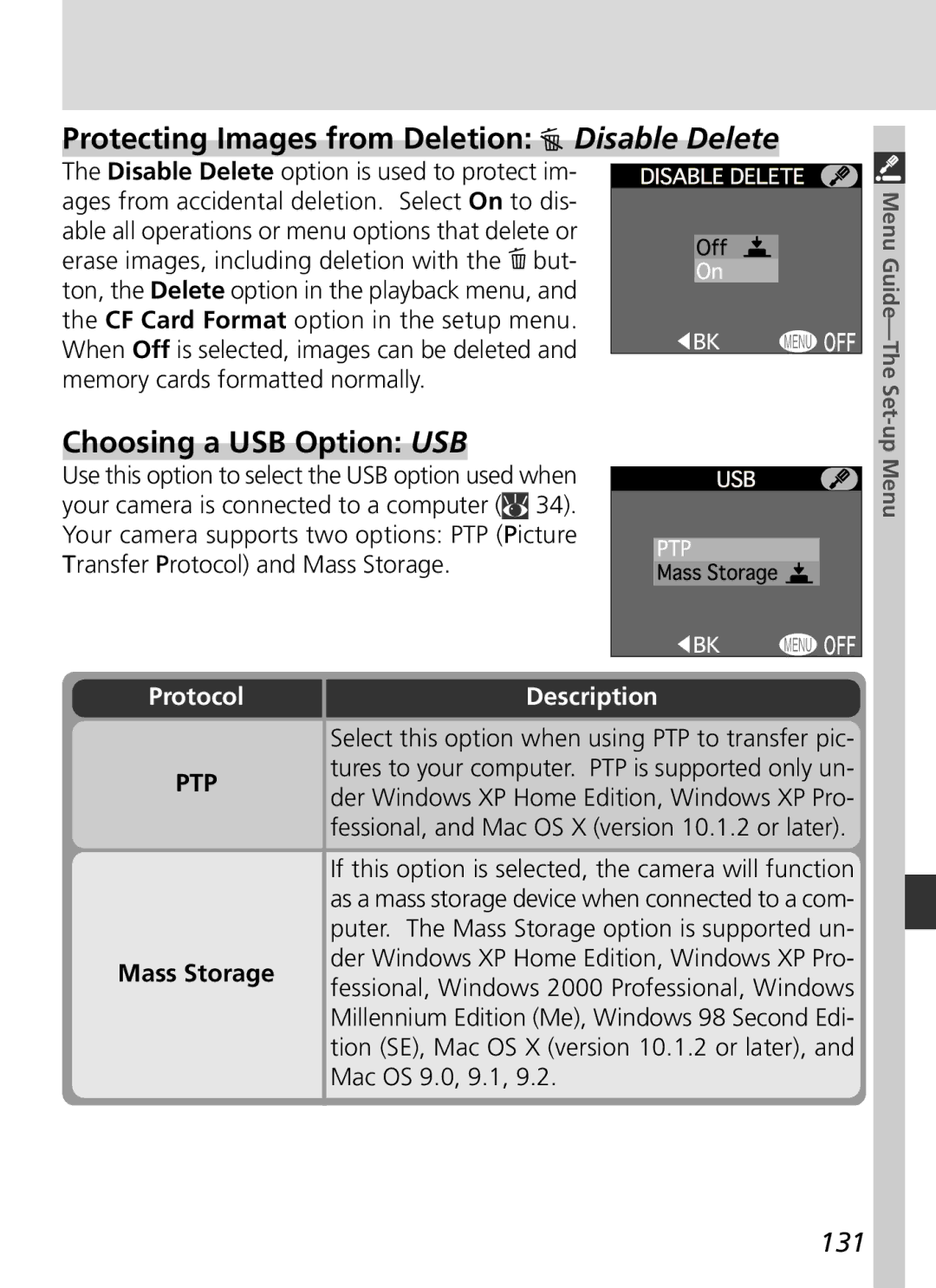 Nikon S2H05000501 manual Protecting Images from Deletion Disable Delete, Choosing a USB Option USB, 131, Protocol 