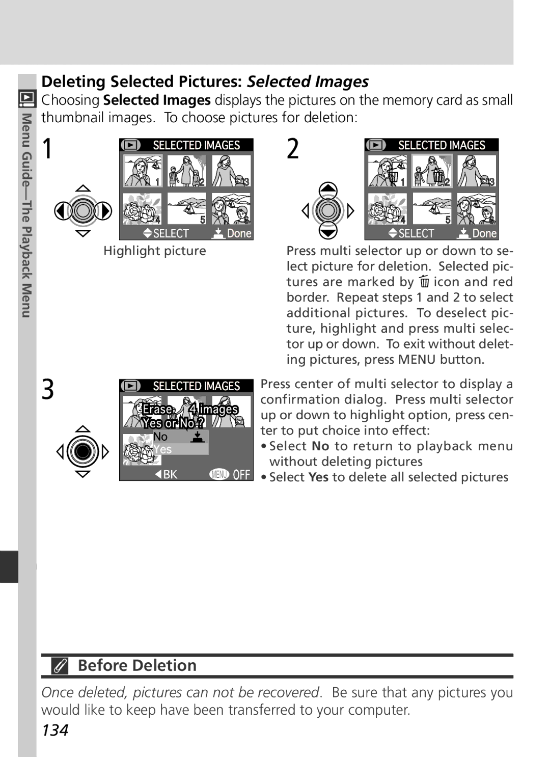 Nikon S2H05000501 manual Deleting Selected Pictures Selected Images, Before Deletion, 134 