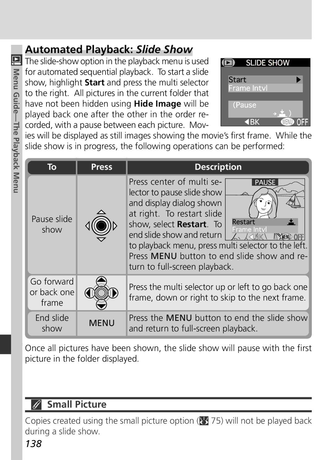 Nikon S2H05000501 manual Automated Playback Slide Show, Small Picture, 138, Have not been hidden using Hide Image will be 